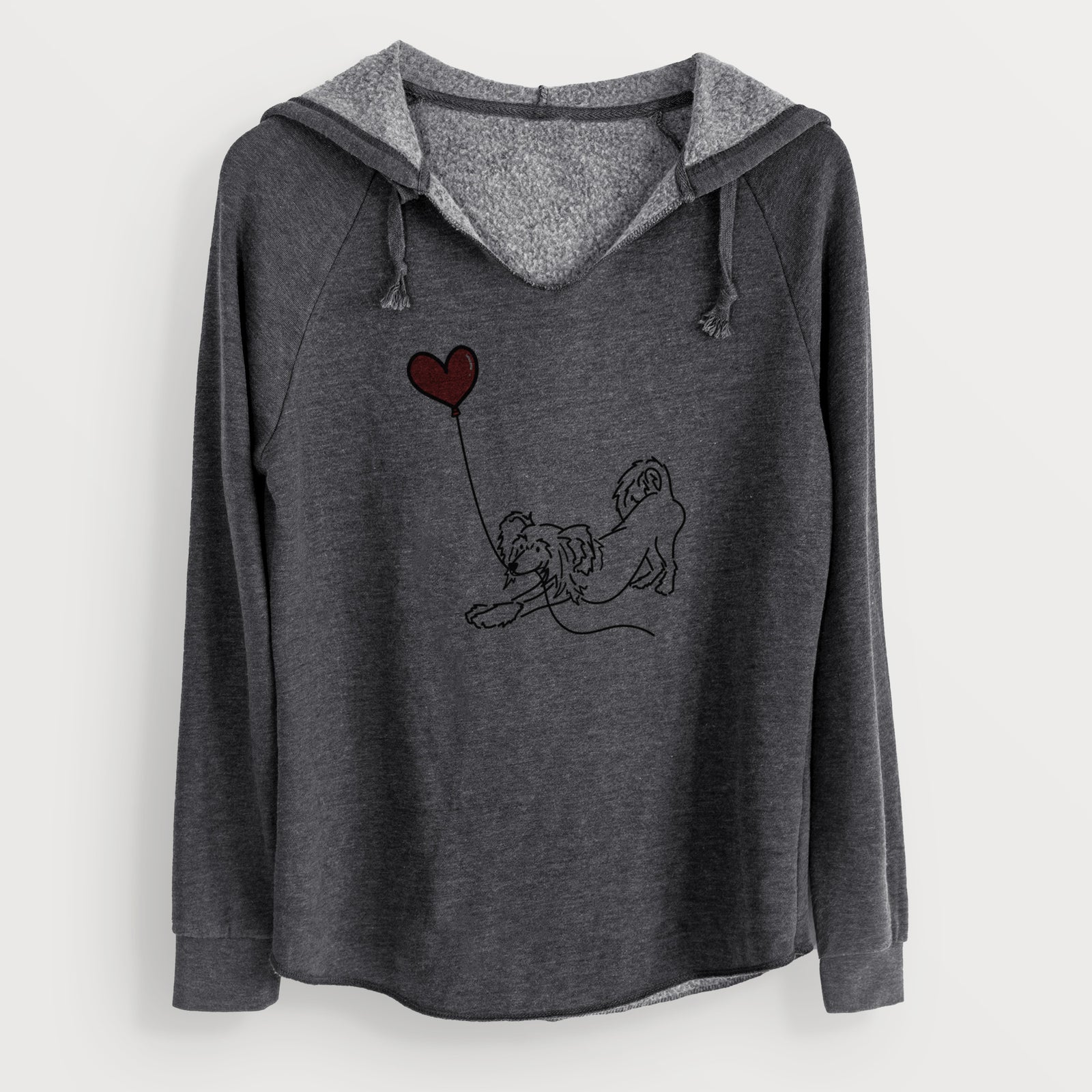 Minimalist line drawing of a Chinese Crested Heart String holding a heart balloon on a Charcoal Cali Wave Hooded Sweatshirt