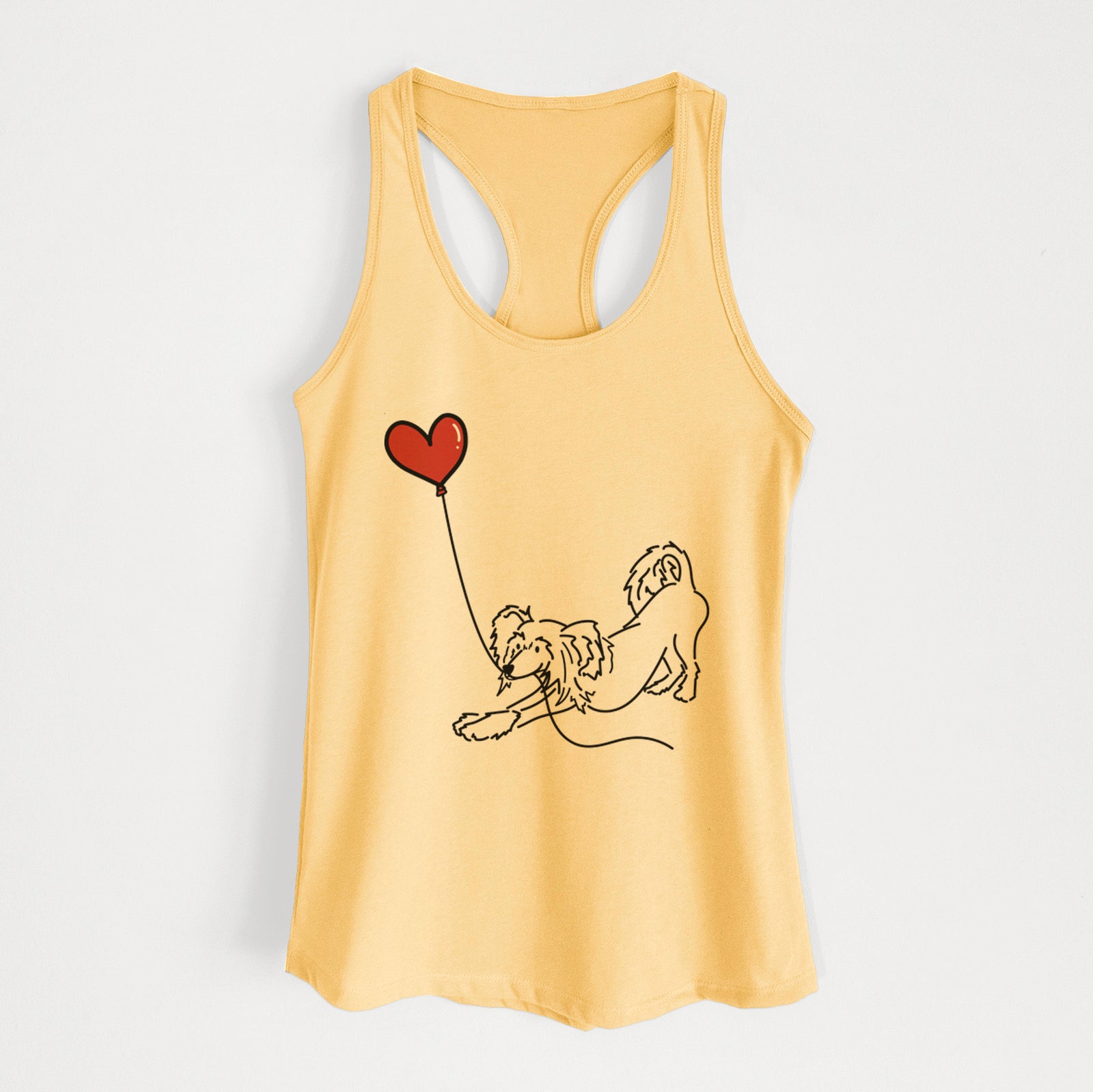 Minimalist line drawing of a Chinese Crested Heart String holding a heart balloon on a Banana Cream Women's racerback tanktop