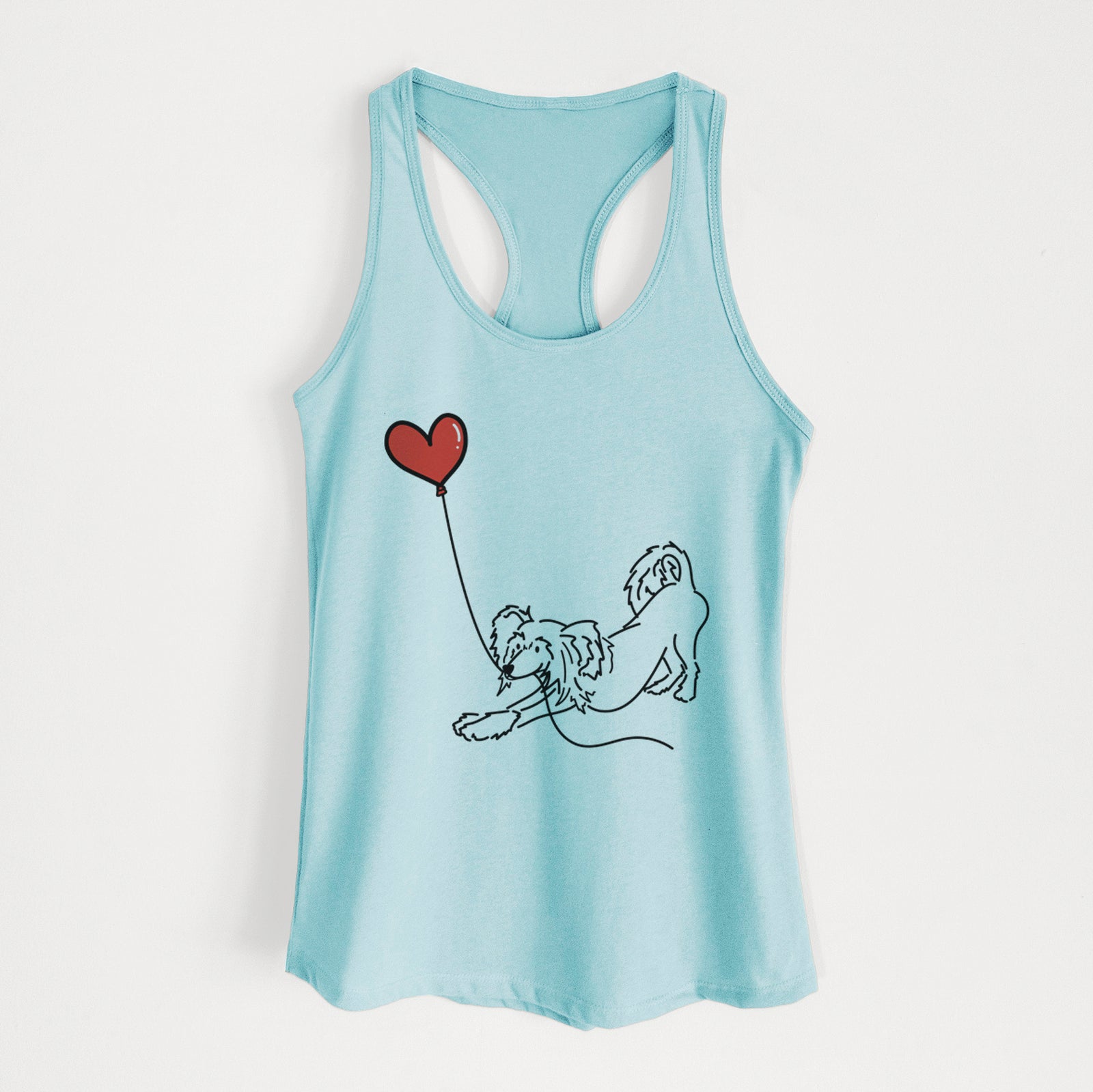 Minimalist line drawing of a Chinese Crested Heart String holding a heart balloon on a Cancun Blue Women's racerback tanktop