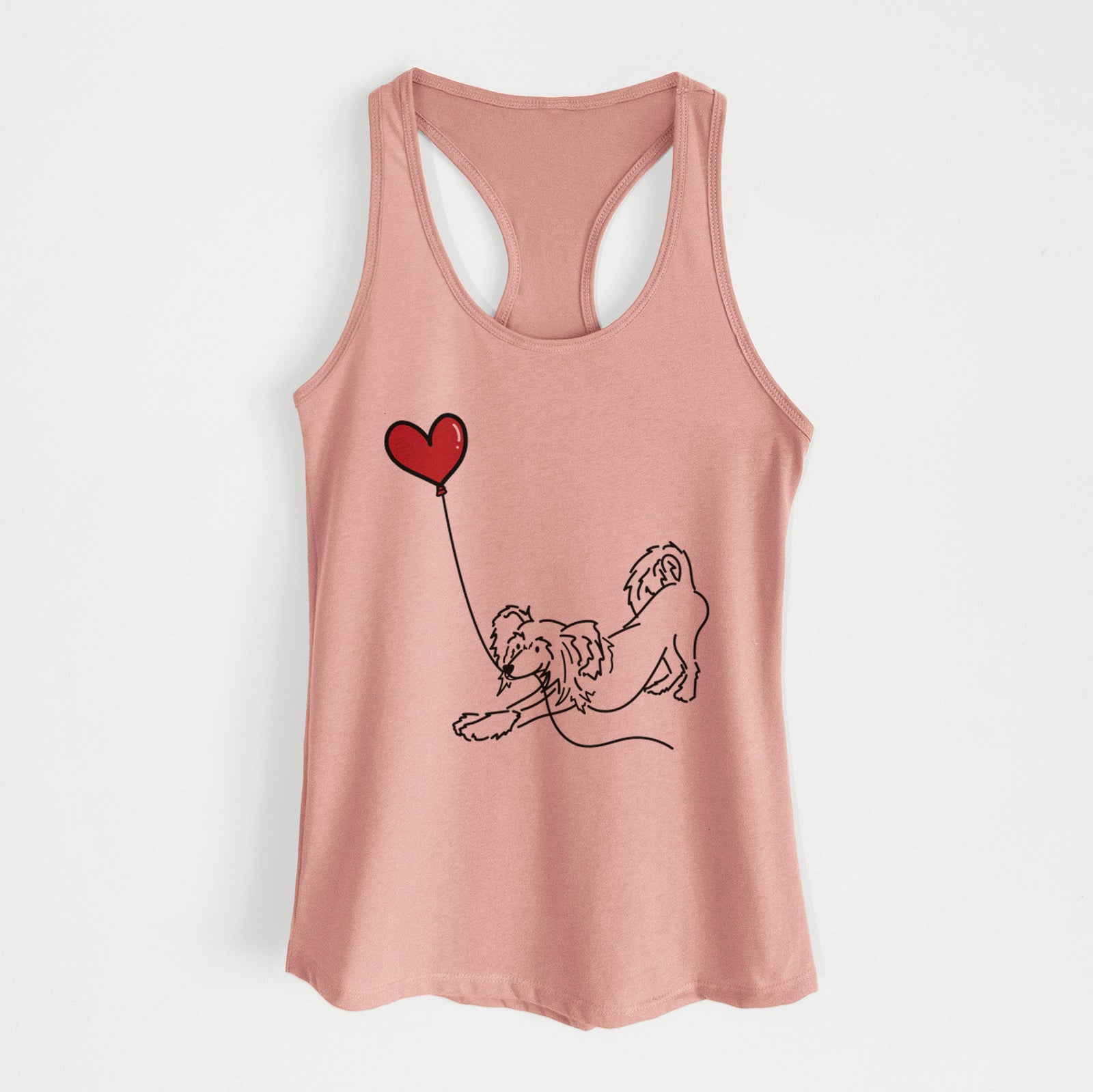 Minimalist line drawing of a Chinese Crested Heart String holding a heart balloon on a Desert Pink Women's racerback tanktop