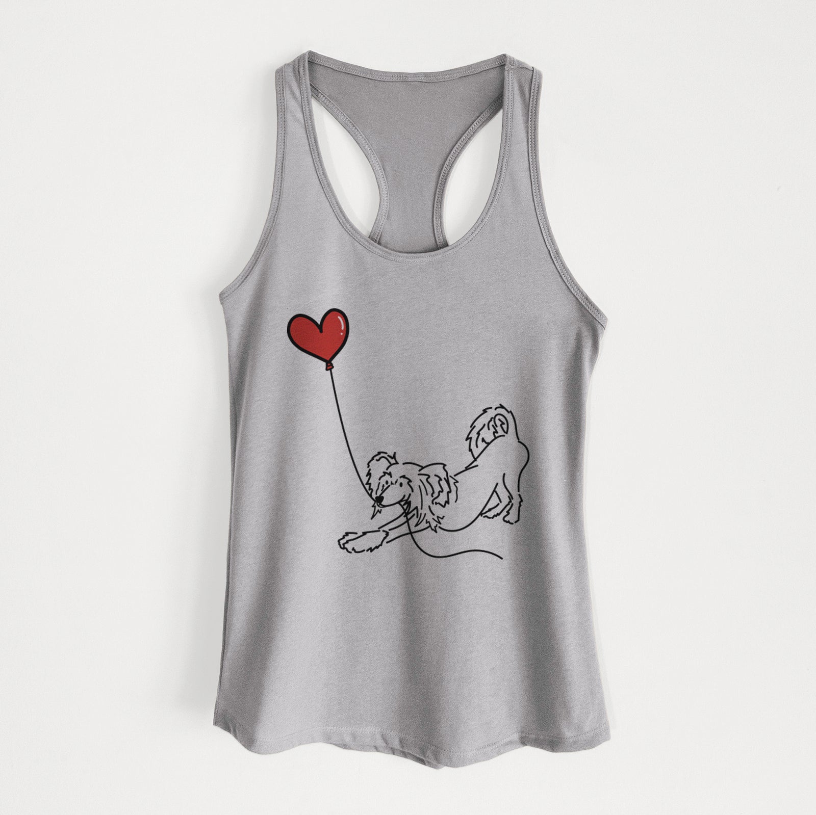 Minimalist line drawing of a Chinese Crested Heart String holding a heart balloon on a Heather Grey Women's racerback tanktop