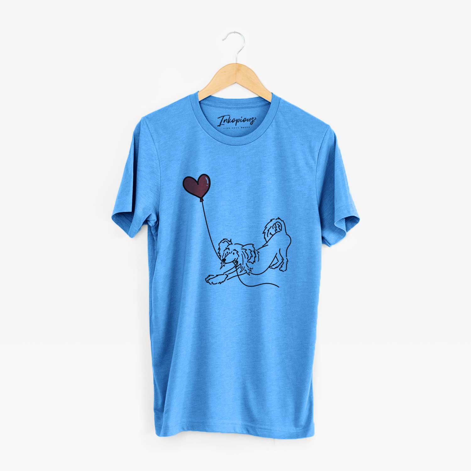 Minimalist line drawing of a Chinese Crested Heart String holding a heart balloon on a Blue Unisex crewneck