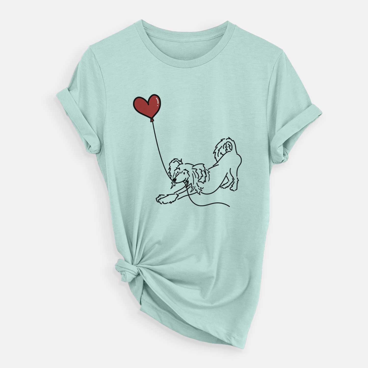 Minimalist line drawing of a Chinese Crested Heart String holding a heart balloon on a Heather Sage Unisex crewneck