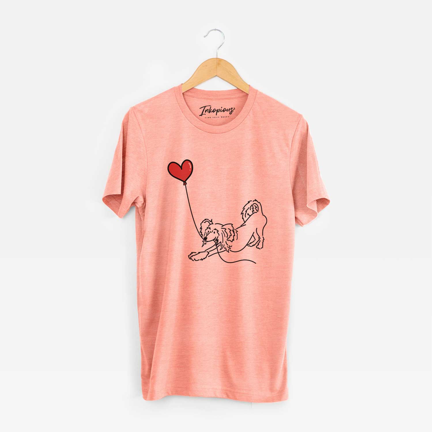 Minimalist line drawing of a Chinese Crested Heart String holding a heart balloon on a Sunset Unisex crewneck