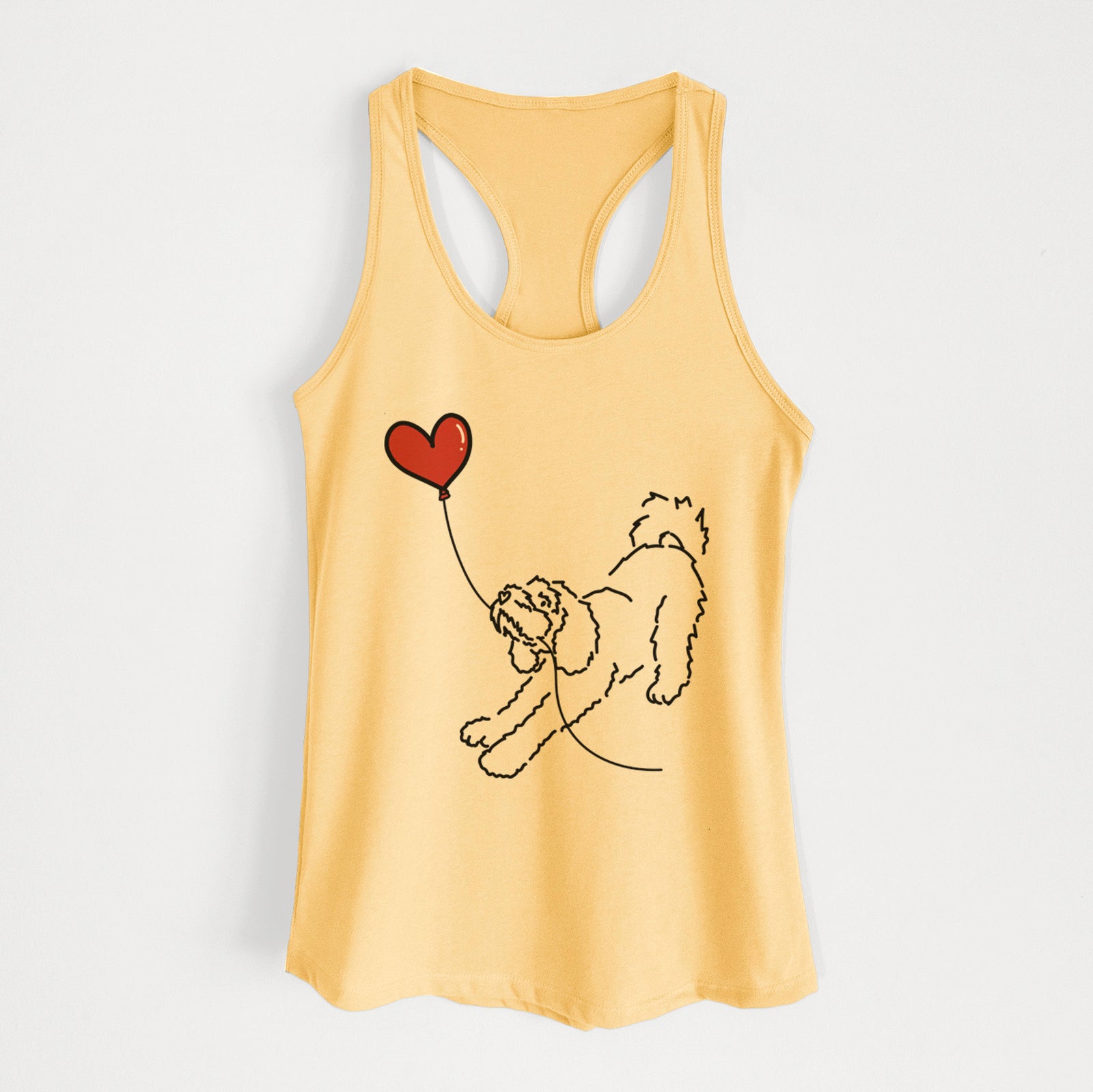 Minimalist line drawing of a Cockapoo Heart String holding a heart balloon on a Banana Cream Women's racerback tanktop