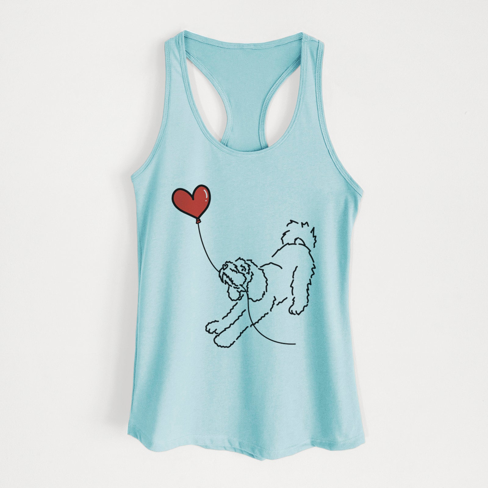 Minimalist line drawing of a Cockapoo Heart String holding a heart balloon on a Cancun Blue Women's racerback tanktop