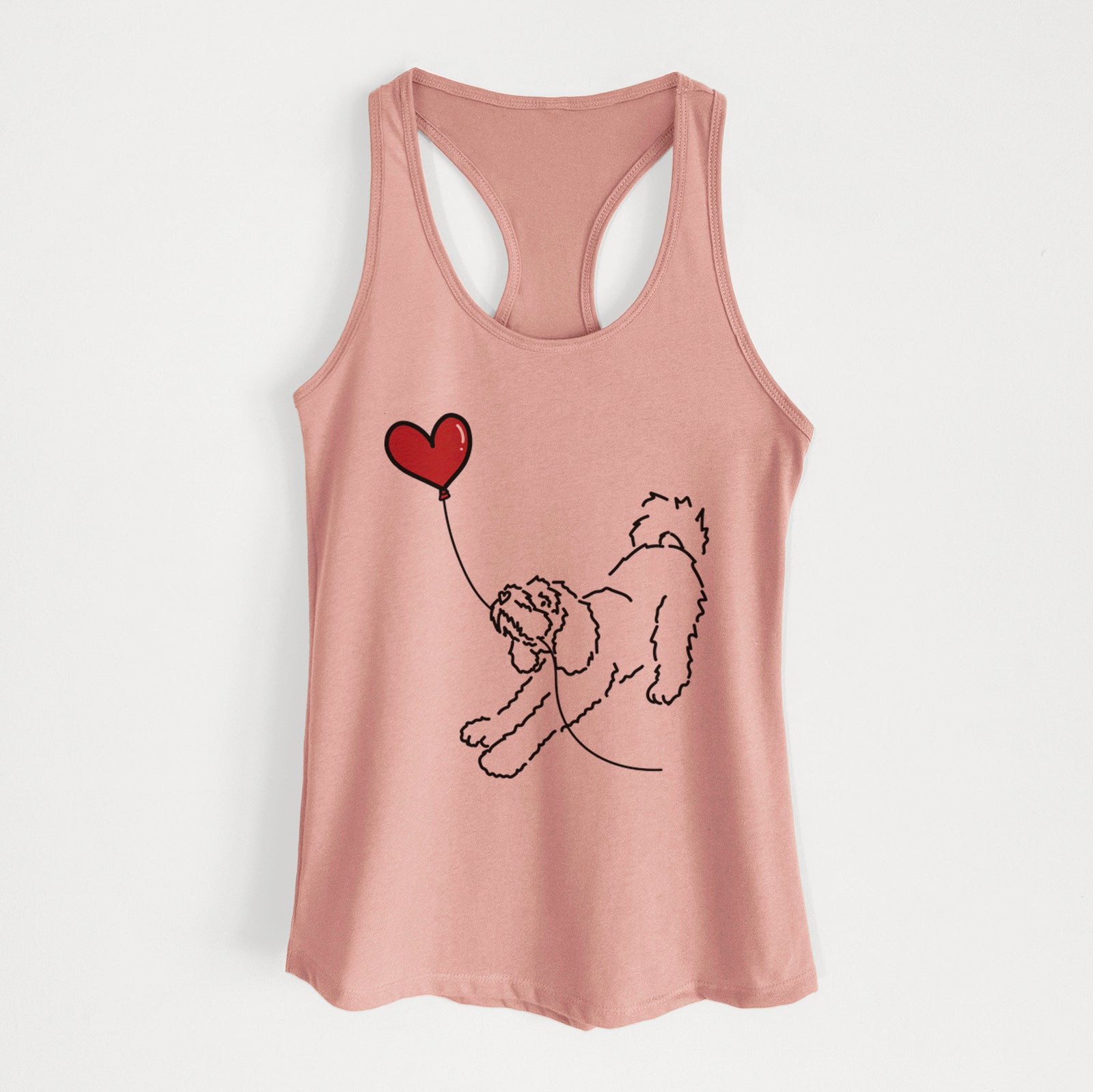 Minimalist line drawing of a Cockapoo Heart String holding a heart balloon on a Desert Pink Women's racerback tanktop