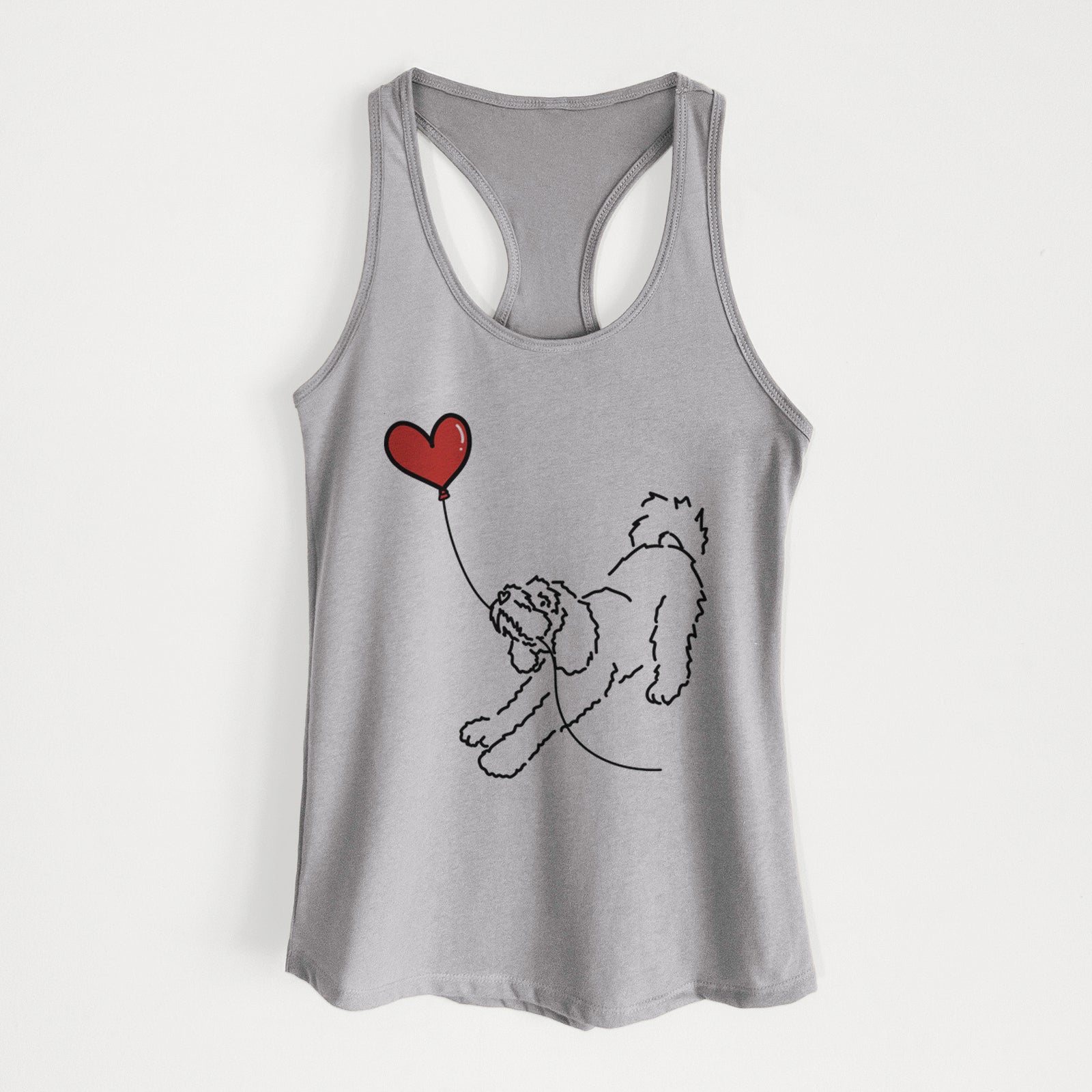 Minimalist line drawing of a Cockapoo Heart String holding a heart balloon on a Heather Grey Women's racerback tanktop