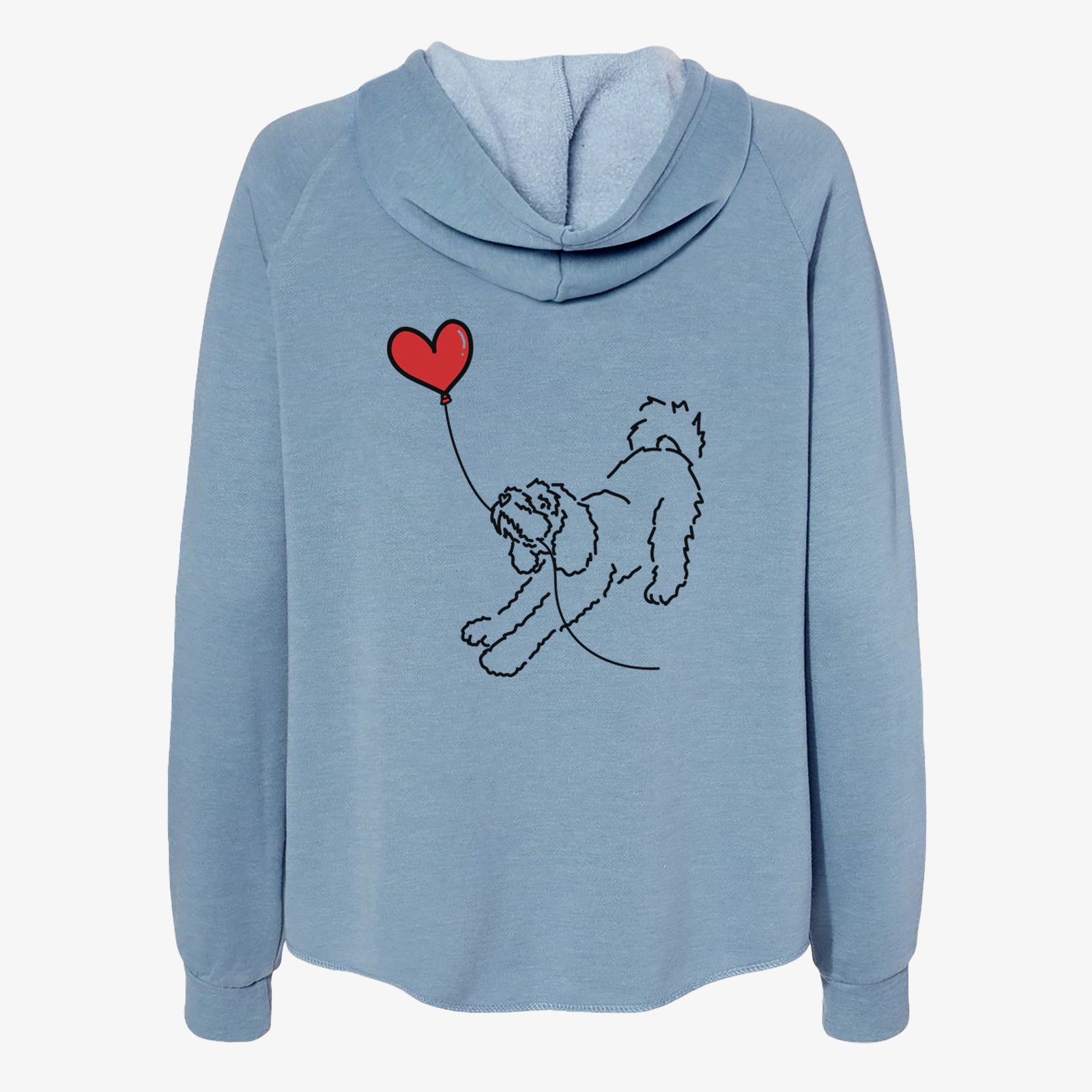 Minimalist line drawing of a Cockapoo Heart String- Women's Cali Wave Zip-Up Sweatshirt holding a heart balloon on a Misty Blue Cali Wave Zipup Sweatshirt
