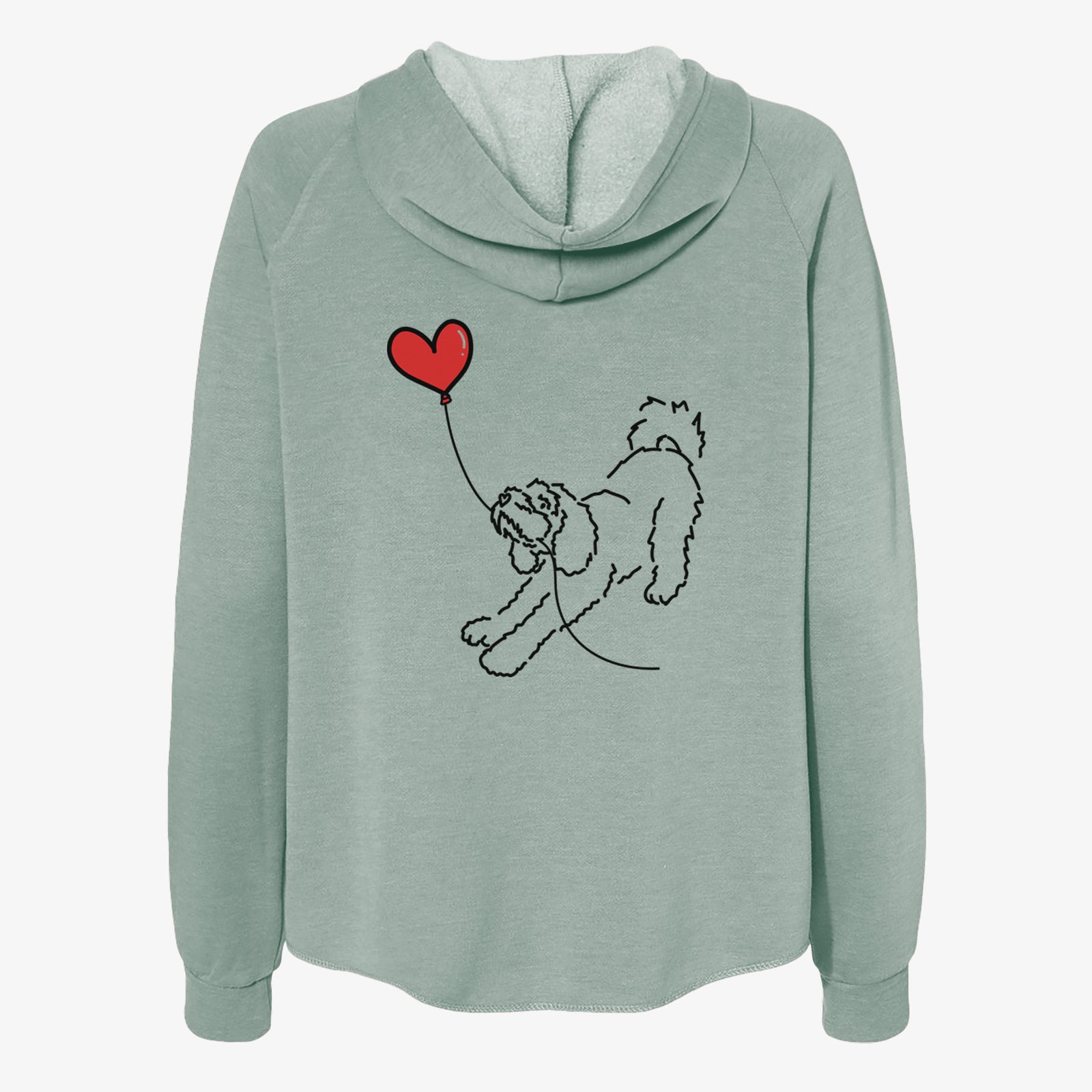 Minimalist line drawing of a Cockapoo Heart String- Women's Cali Wave Zip-Up Sweatshirt holding a heart balloon on a Sage Cali Wave Zipup Sweatshirt