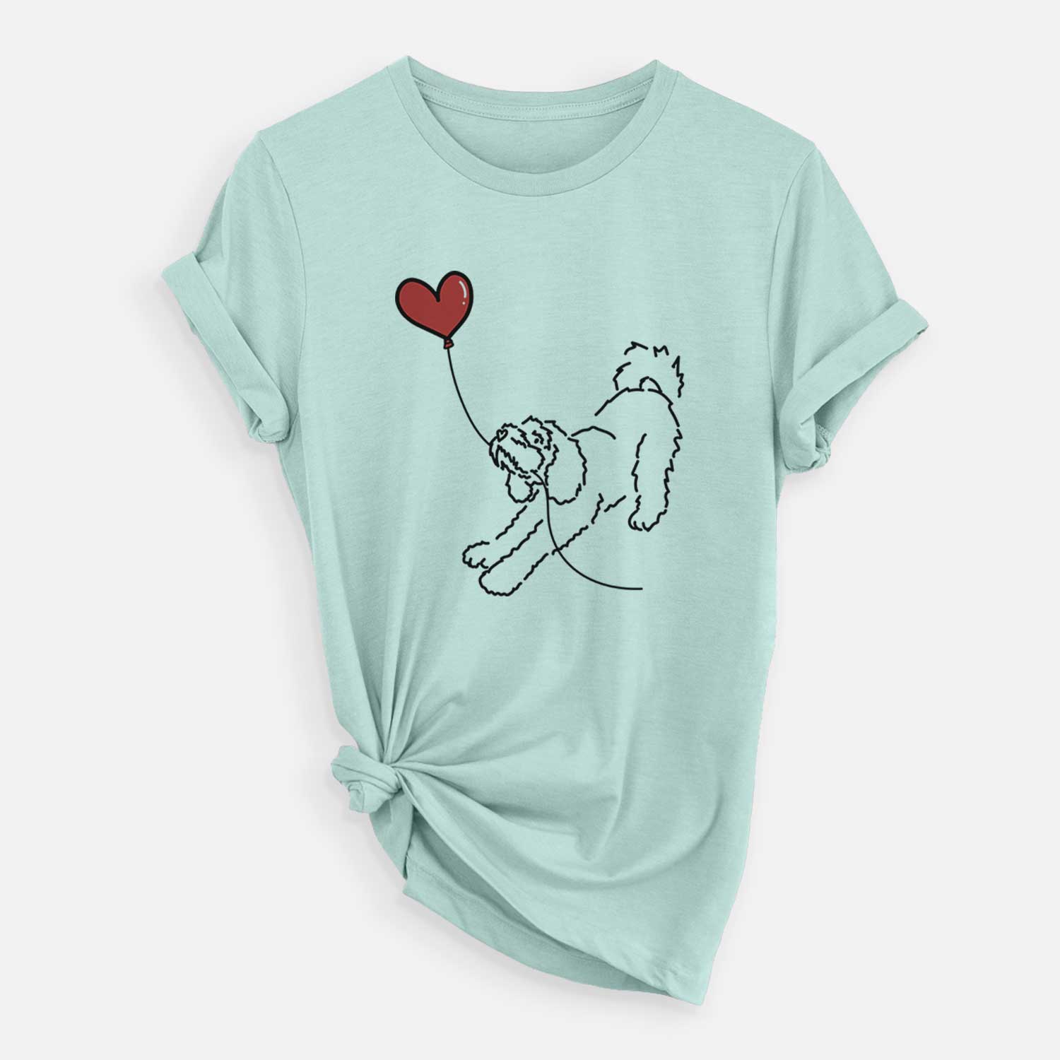 Minimalist line drawing of a Cockapoo Heart String holding a heart balloon on a Heather Sage Unisex crewneck