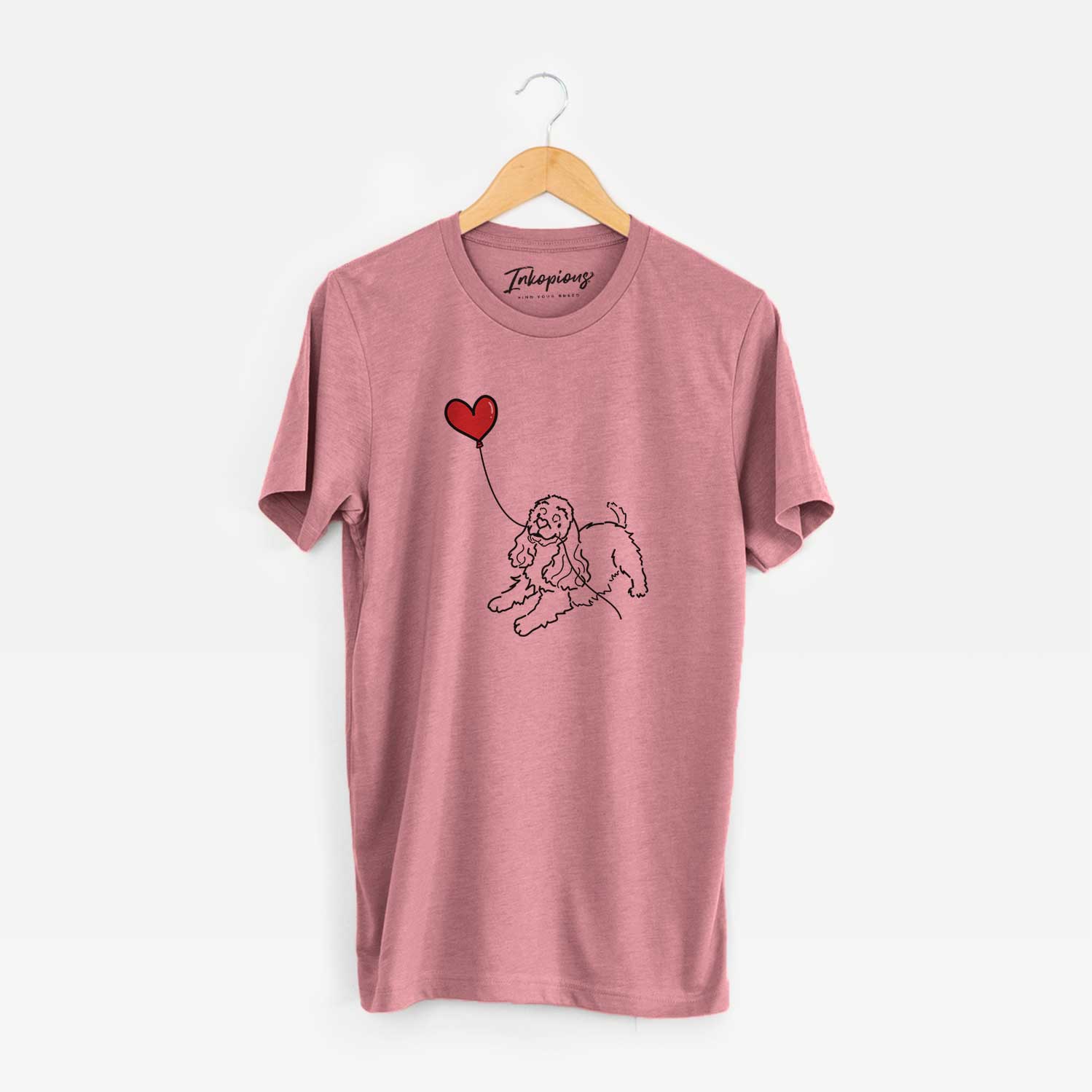 Minimalist line drawing of a Cocker Spaniel Heart String holding a heart balloon on a Mauve Unisex crewneck