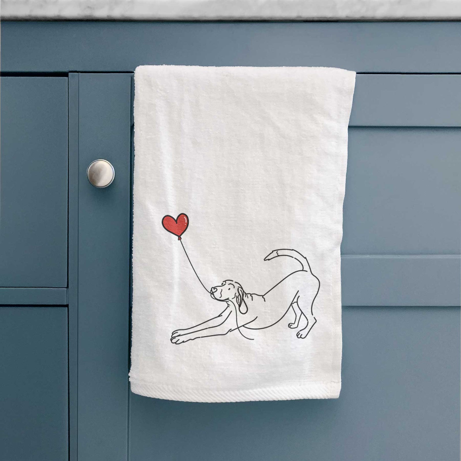 Minimalist line drawing of a Coonhound Heart String holding a heart balloon on a decorative hand towel