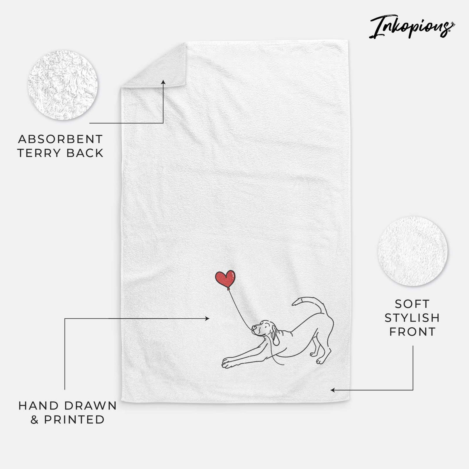 Minimalist line drawing of a Coonhound Heart String holding a heart balloon on a decorative hand towel