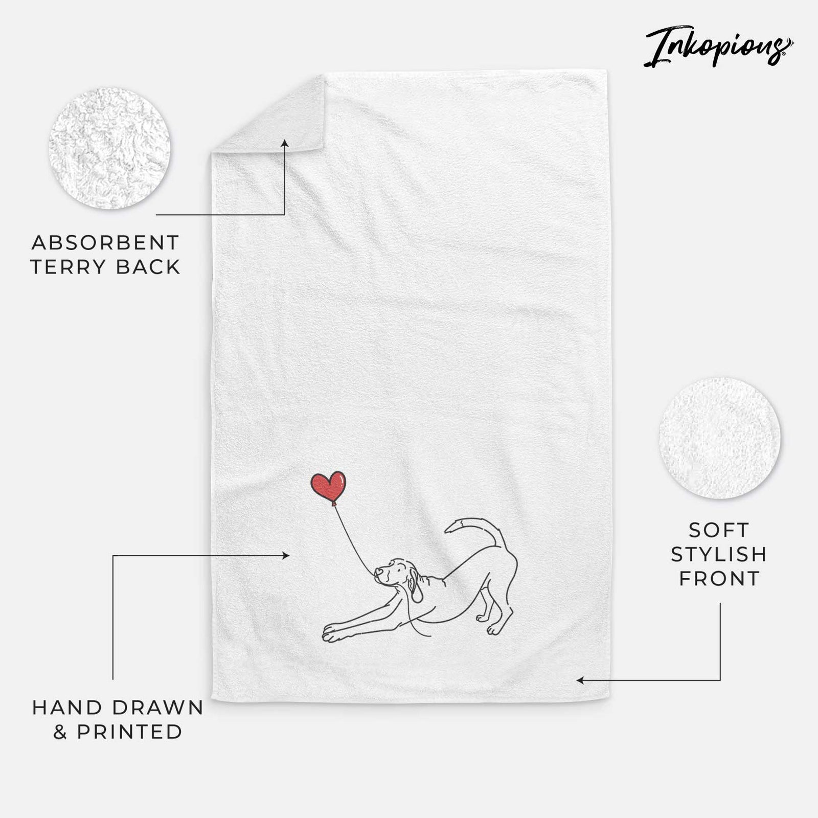 Minimalist line drawing of a Coonhound Heart String holding a heart balloon on a decorative hand towel