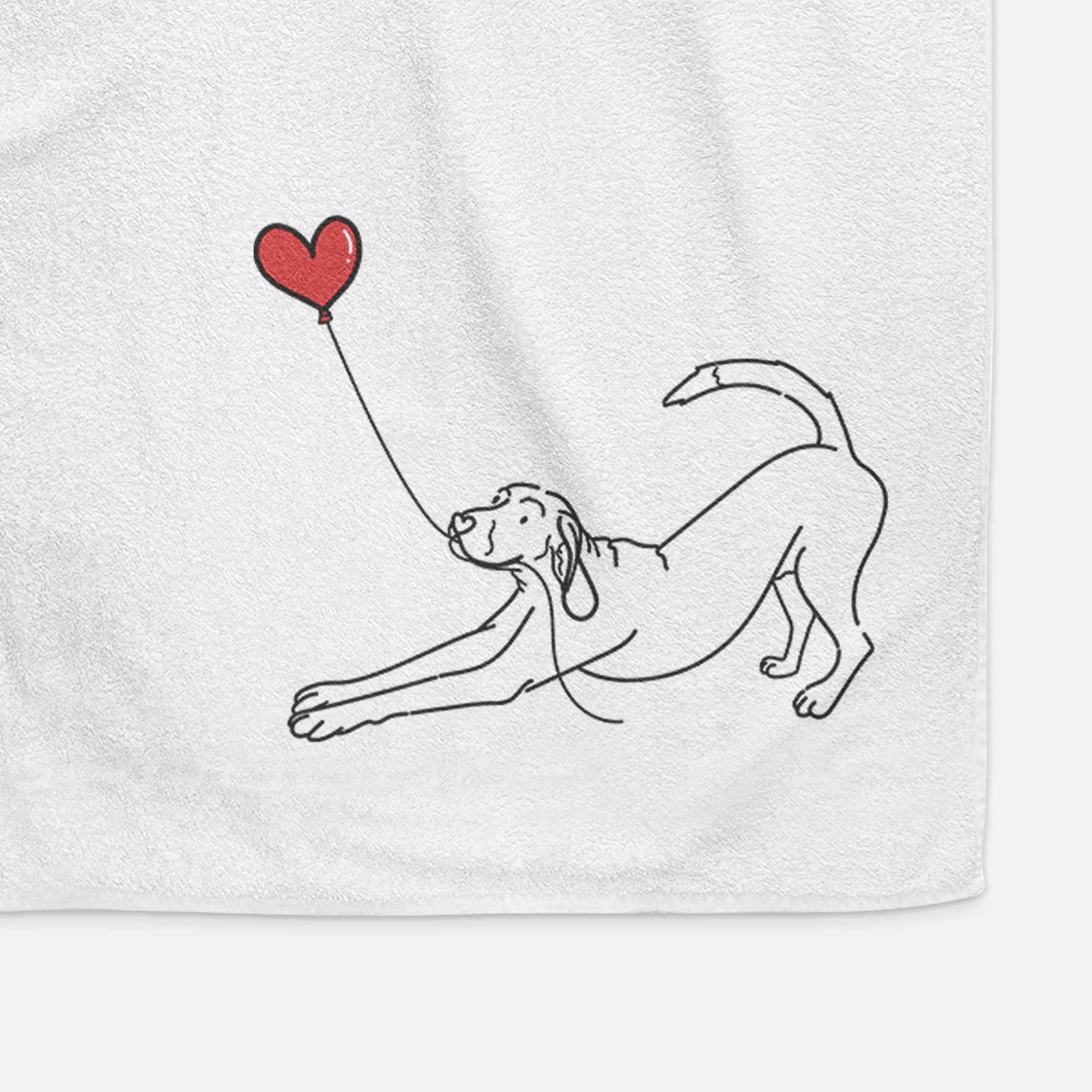 Minimalist line drawing of a Coonhound Heart String holding a heart balloon on a decorative hand towel