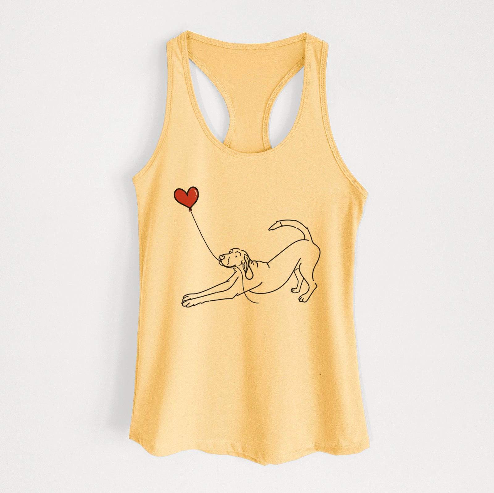 Minimalist line drawing of a Coonhound Heart String holding a heart balloon on a Banana Cream Women's racerback tanktop