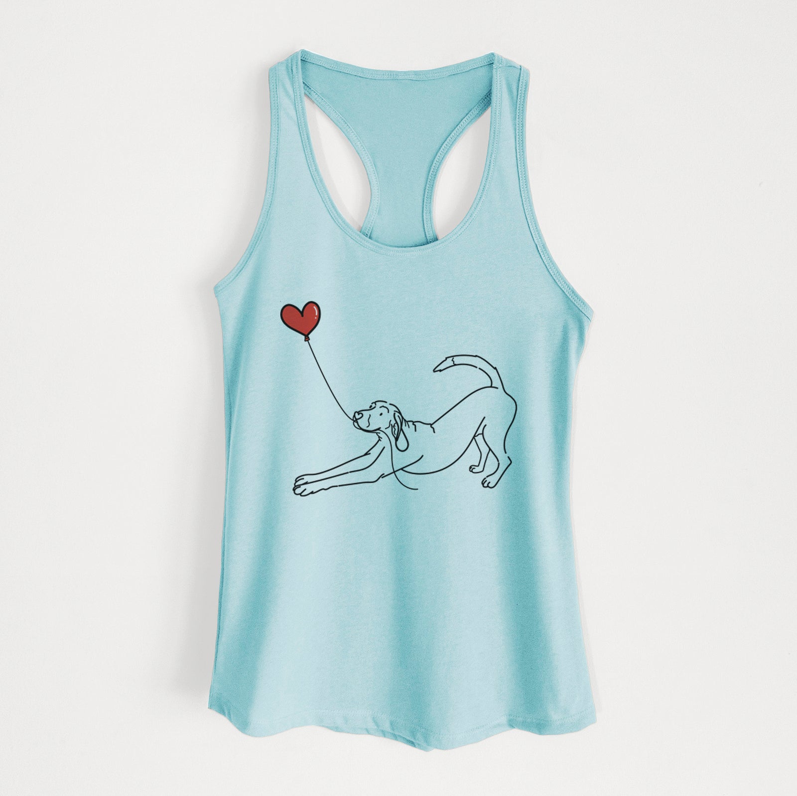 Minimalist line drawing of a Coonhound Heart String holding a heart balloon on a Cancun Blue Women's racerback tanktop