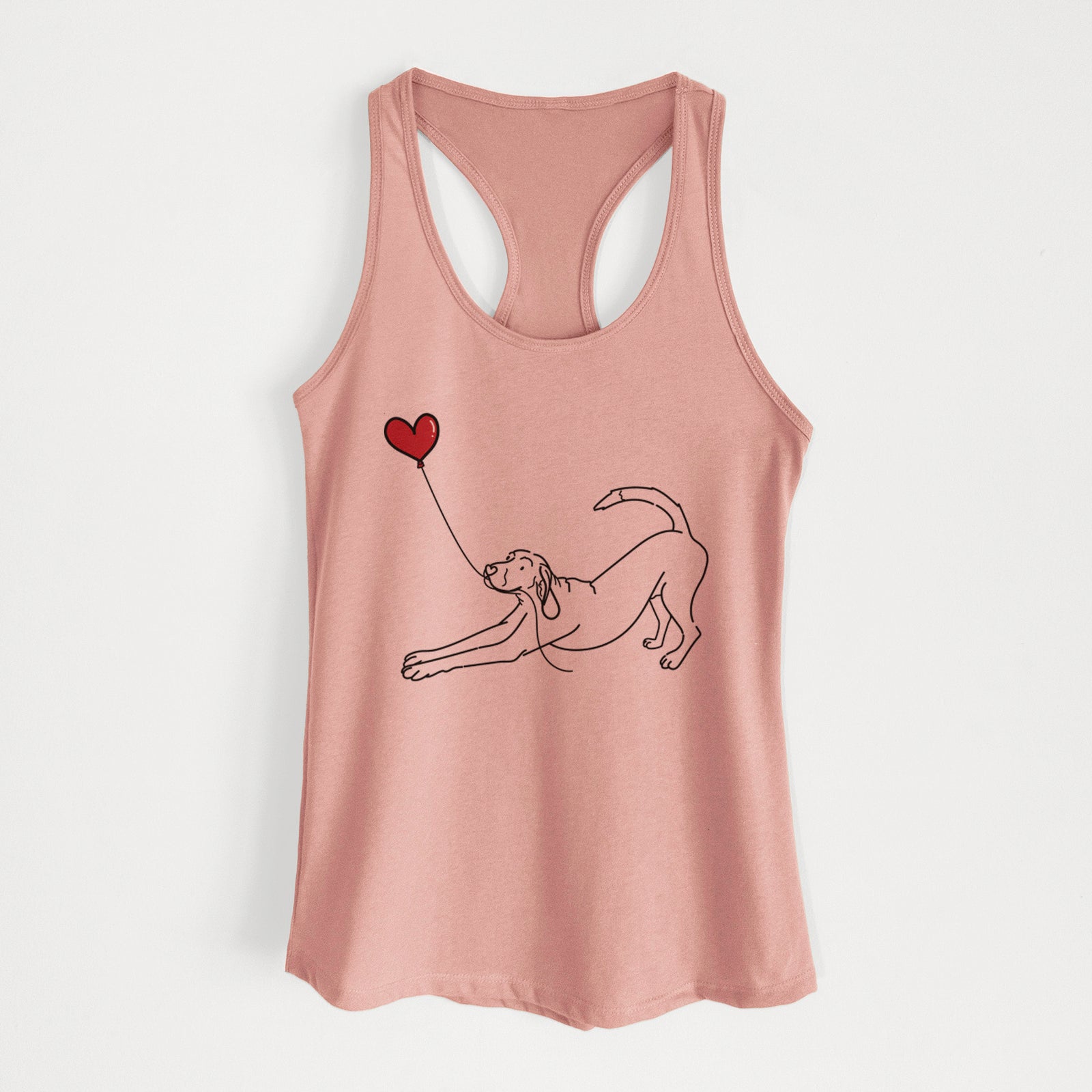 Minimalist line drawing of a Coonhound Heart String holding a heart balloon on a Desert Pink Women's racerback tanktop