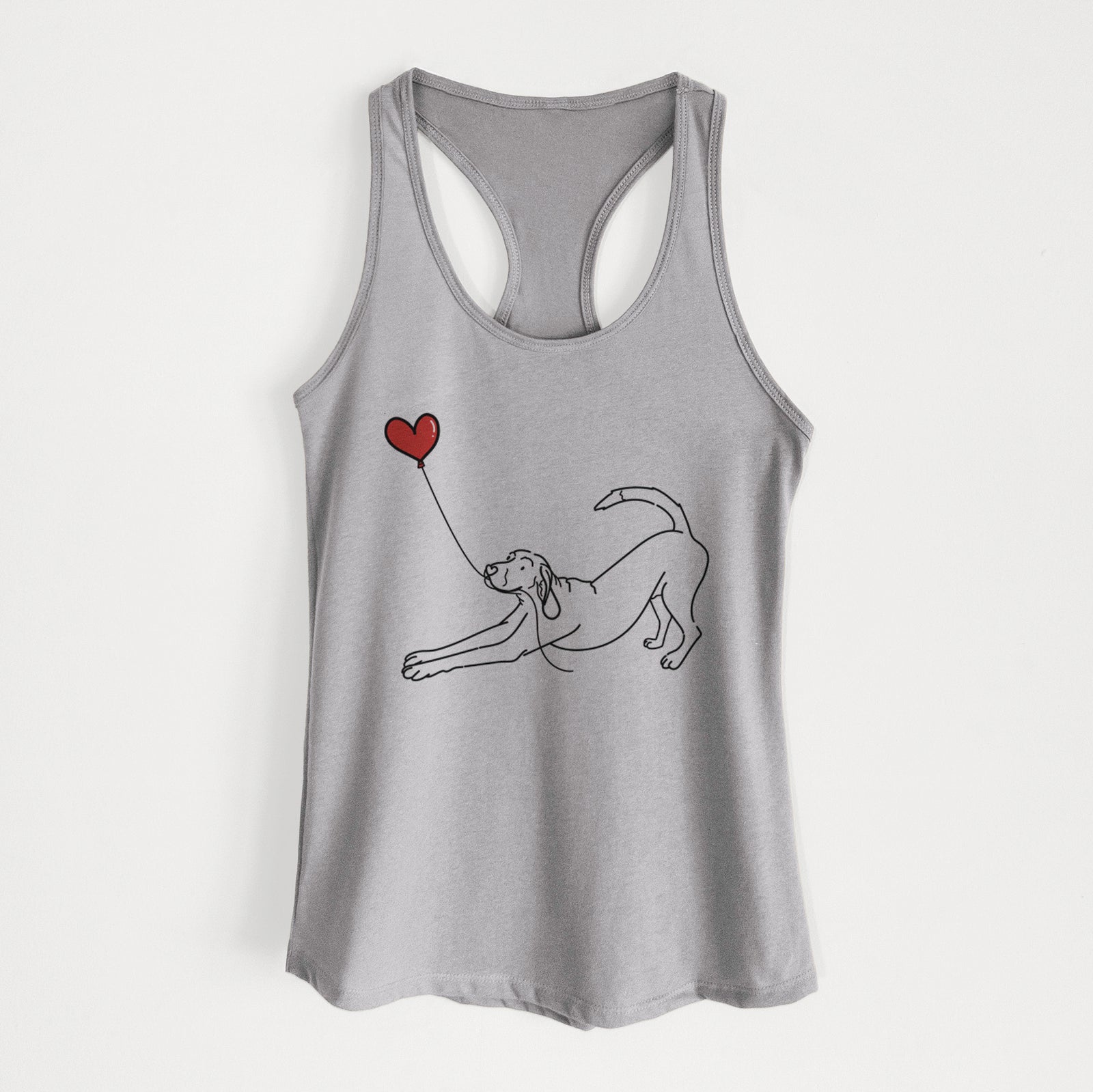 Minimalist line drawing of a Coonhound Heart String holding a heart balloon on a Heather Grey Women's racerback tanktop