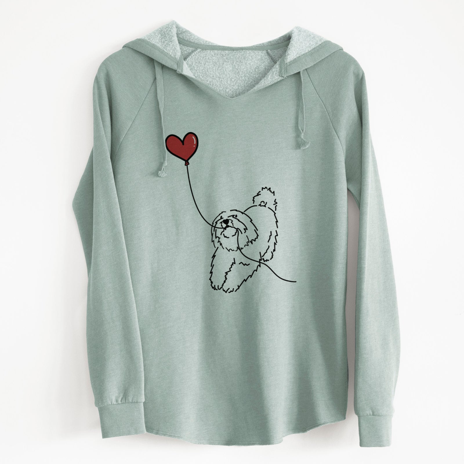 Minimalist line drawing of a Coton de Tulear Heart String holding a heart balloon on a Sage Cali Wave Hooded Sweatshirt