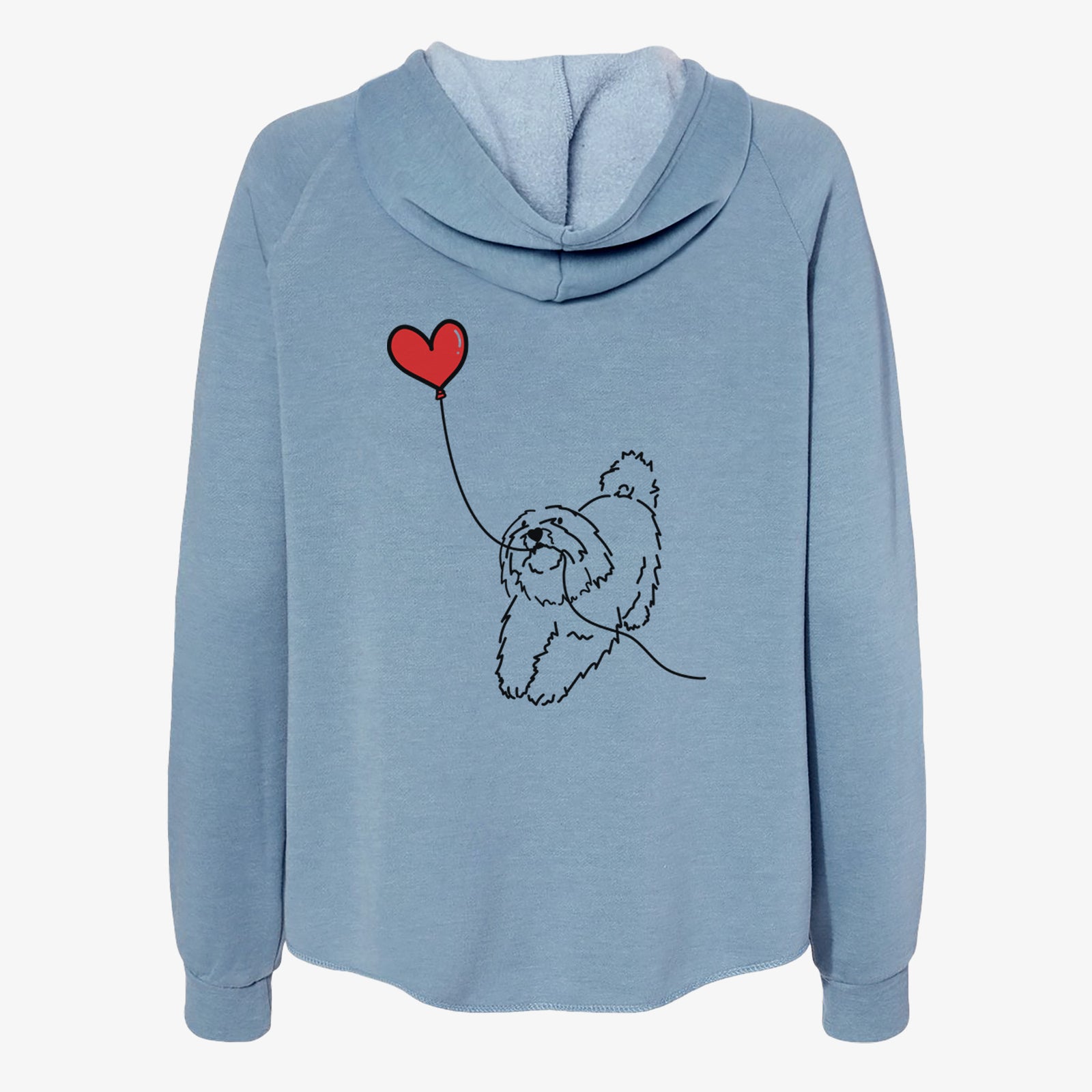 Minimalist line drawing of a Coton de Tulear Heart String- Women's Cali Wave Zip-Up Sweatshirt holding a heart balloon on a Misty Blue Cali Wave Zipup Sweatshirt