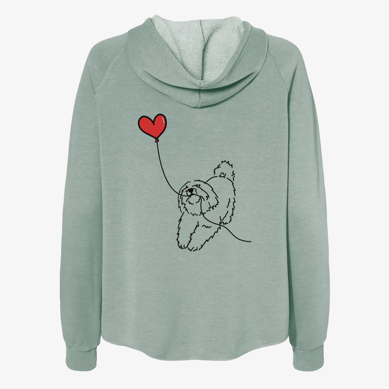 Minimalist line drawing of a Coton de Tulear Heart String- Women's Cali Wave Zip-Up Sweatshirt holding a heart balloon on a Sage Cali Wave Zipup Sweatshirt