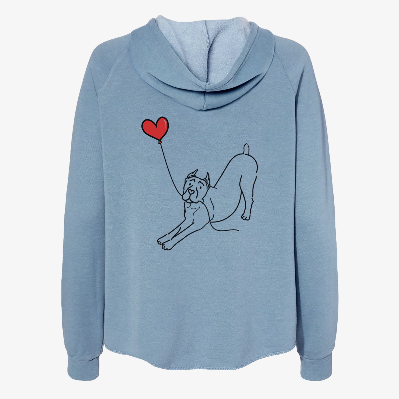 Minimalist line drawing of a Cropped Cane Corso Heart String- Women's Cali Wave Zip-Up Sweatshirt holding a heart balloon on a Misty Blue Cali Wave Zipup Sweatshirt