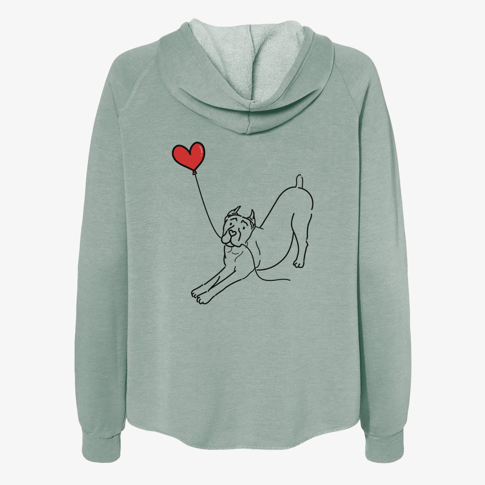 Minimalist line drawing of a Cropped Cane Corso Heart String- Women's Cali Wave Zip-Up Sweatshirt holding a heart balloon on a Sage Cali Wave Zipup Sweatshirt