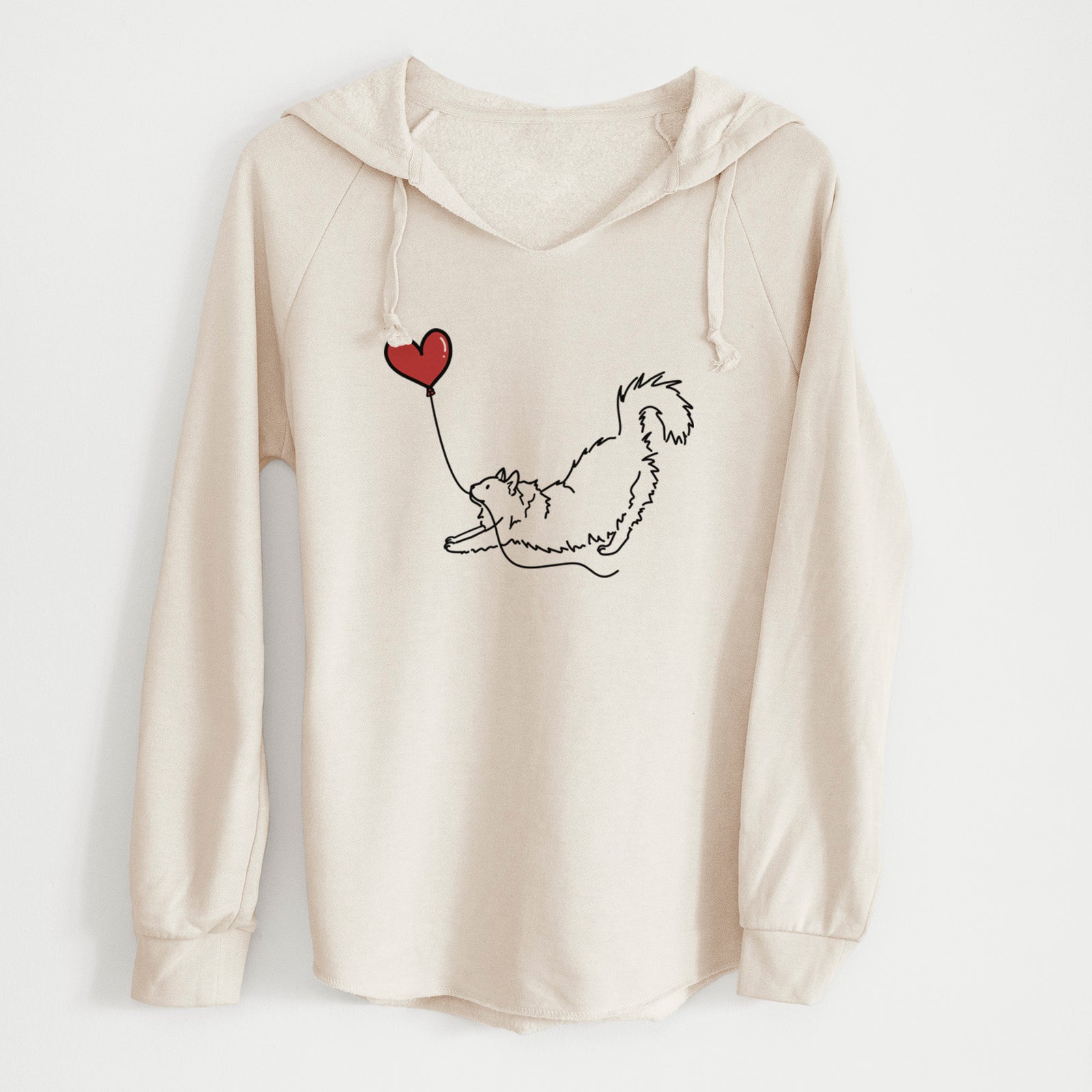 Minimalist line drawing of a Domestic Long Hair Cat Heart String holding a heart balloon on a Bone Cali Wave Hooded Sweatshirt