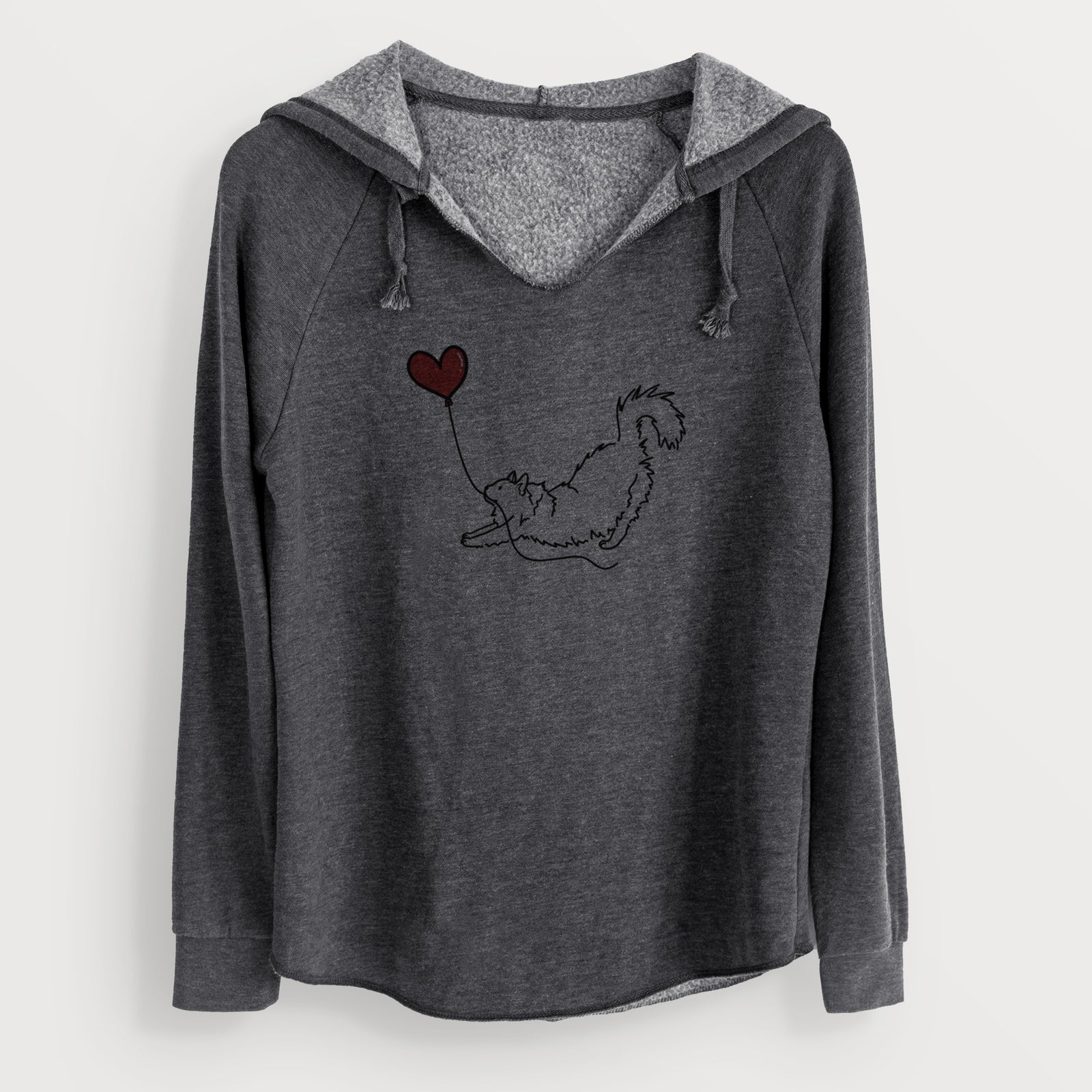 Minimalist line drawing of a Domestic Long Hair Cat Heart String holding a heart balloon on a Charcoal Cali Wave Hooded Sweatshirt