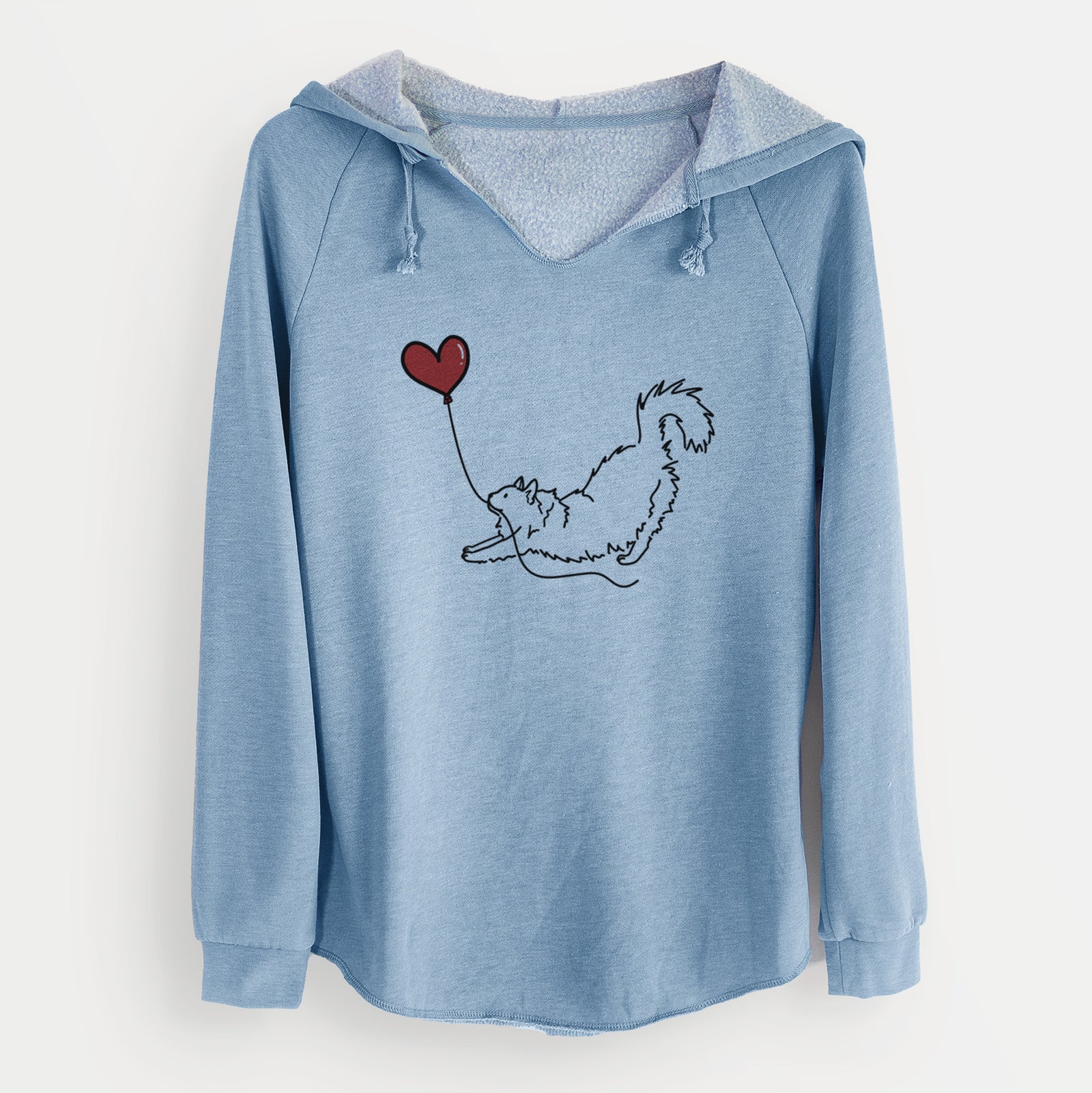 Minimalist line drawing of a Domestic Long Hair Cat Heart String holding a heart balloon on a Misty Blue Cali Wave Hooded Sweatshirt