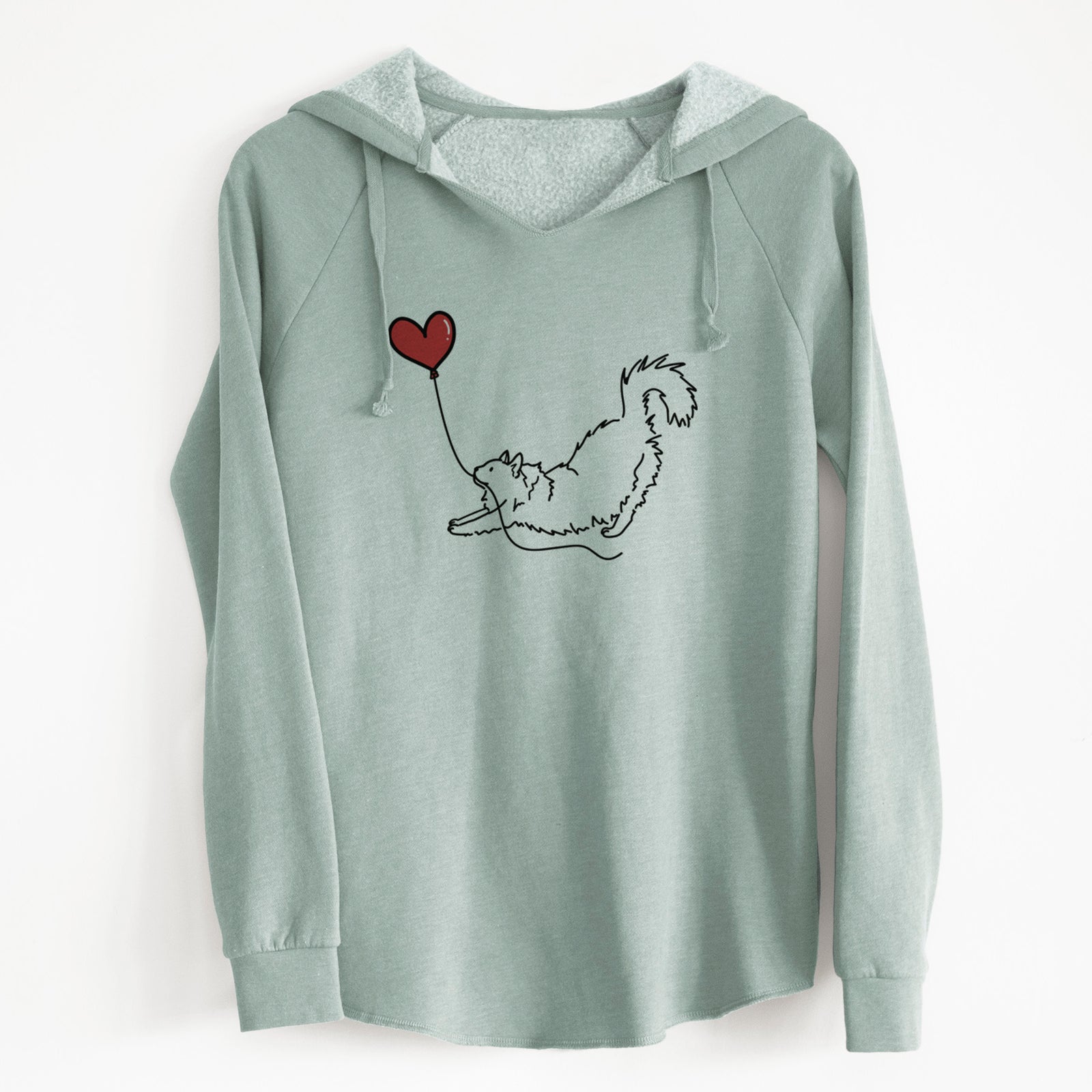 Minimalist line drawing of a Domestic Long Hair Cat Heart String holding a heart balloon on a Sage Cali Wave Hooded Sweatshirt
