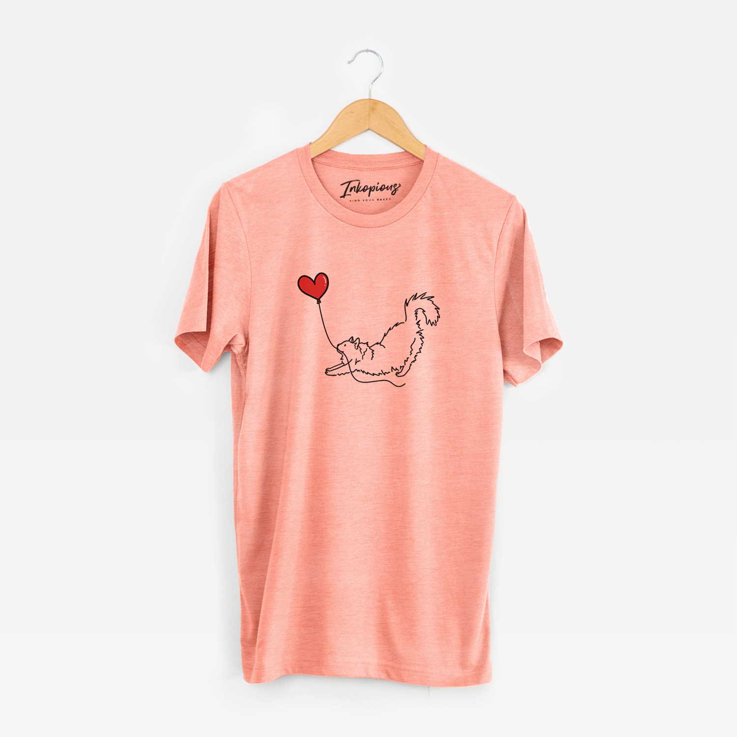 Minimalist line drawing of a Domestic Long Hair Cat Heart String holding a heart balloon on a Sunset Unisex crewneck