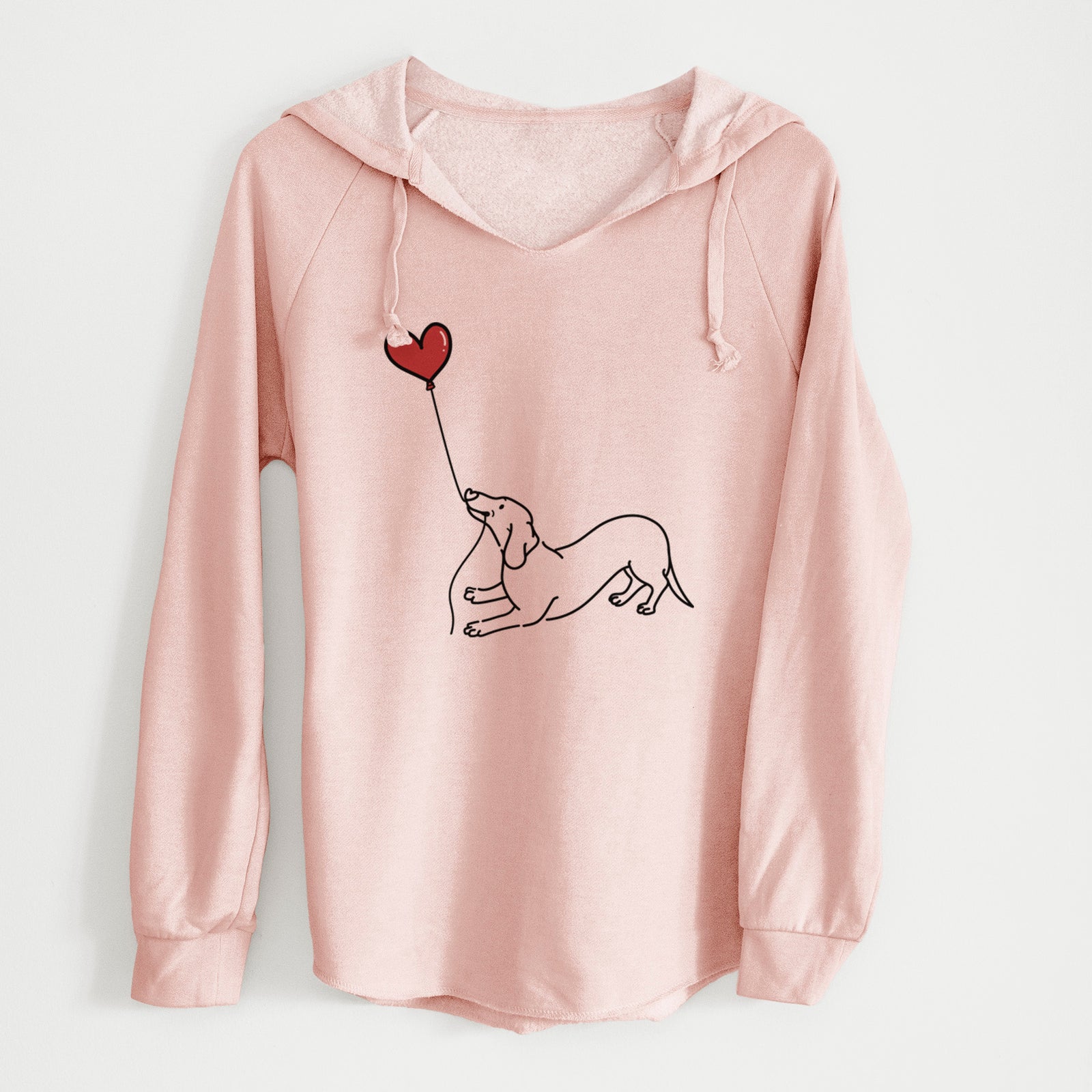 Minimalist line drawing of a Dachshund Heart String holding a heart balloon on a Blush Cali Wave Hooded Sweatshirt