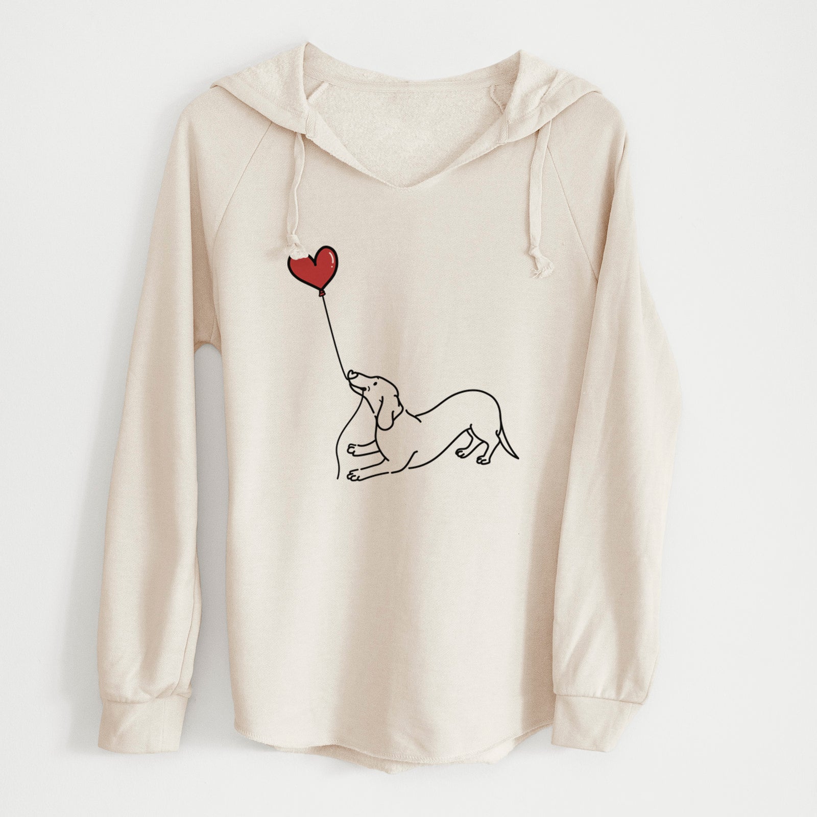 Minimalist line drawing of a Dachshund Heart String holding a heart balloon on a Bone Cali Wave Hooded Sweatshirt