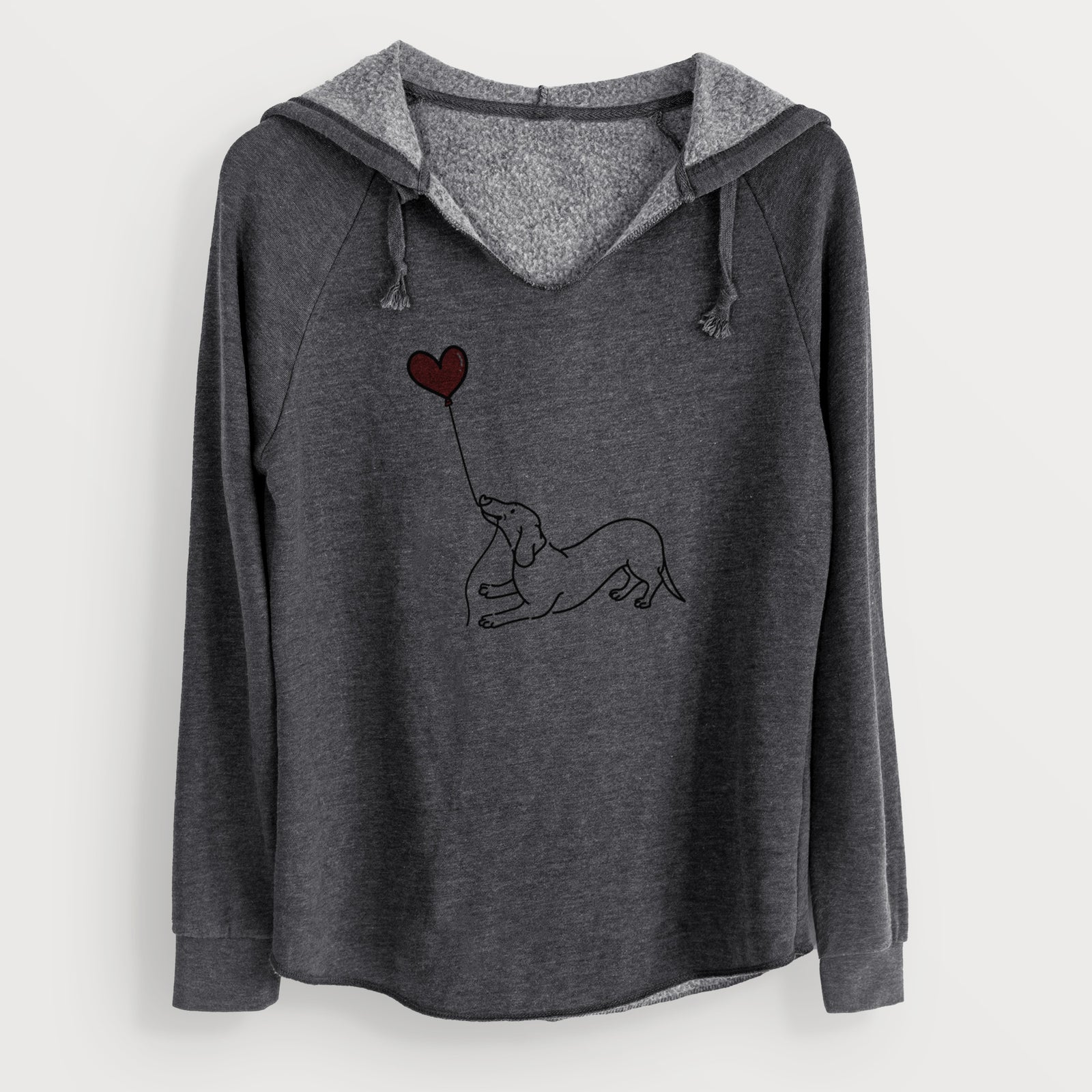 Minimalist line drawing of a Dachshund Heart String holding a heart balloon on a Charcoal Cali Wave Hooded Sweatshirt