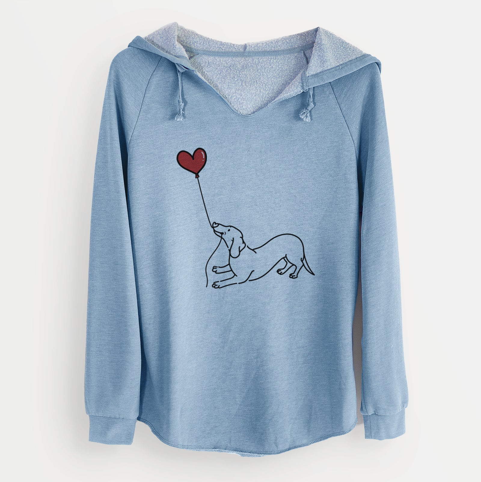 Minimalist line drawing of a Dachshund Heart String holding a heart balloon on a Misty Blue Cali Wave Hooded Sweatshirt