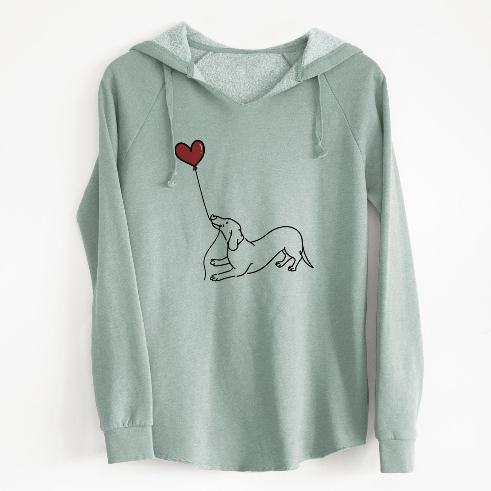 Minimalist line drawing of a Dachshund Heart String holding a heart balloon on a Sage Cali Wave Hooded Sweatshirt