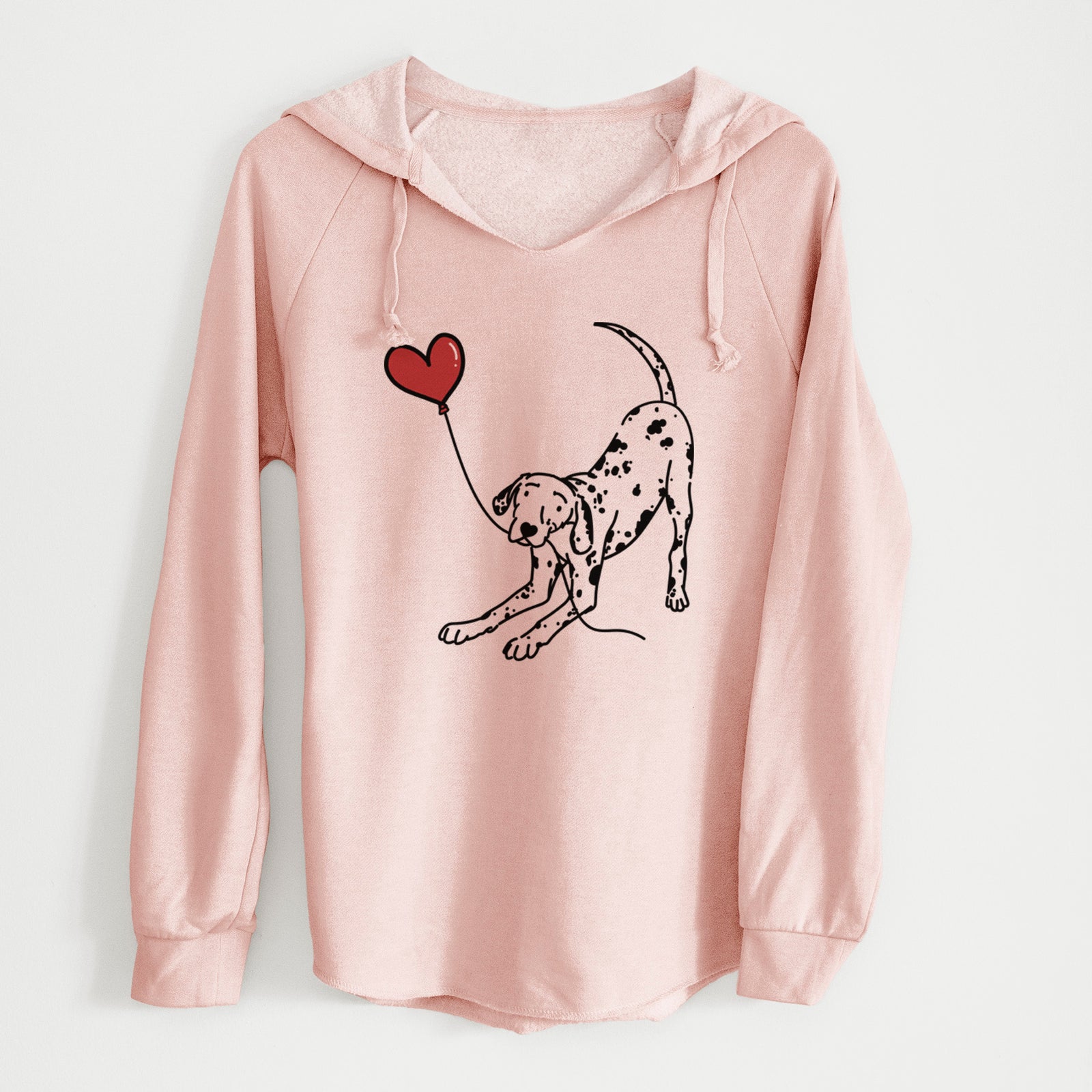 Minimalist line drawing of a Dalmatian Heart String holding a heart balloon on a Blush Cali Wave Hooded Sweatshirt