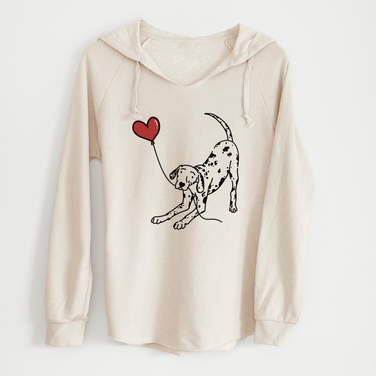 Minimalist line drawing of a Dalmatian Heart String holding a heart balloon on a Bone Cali Wave Hooded Sweatshirt