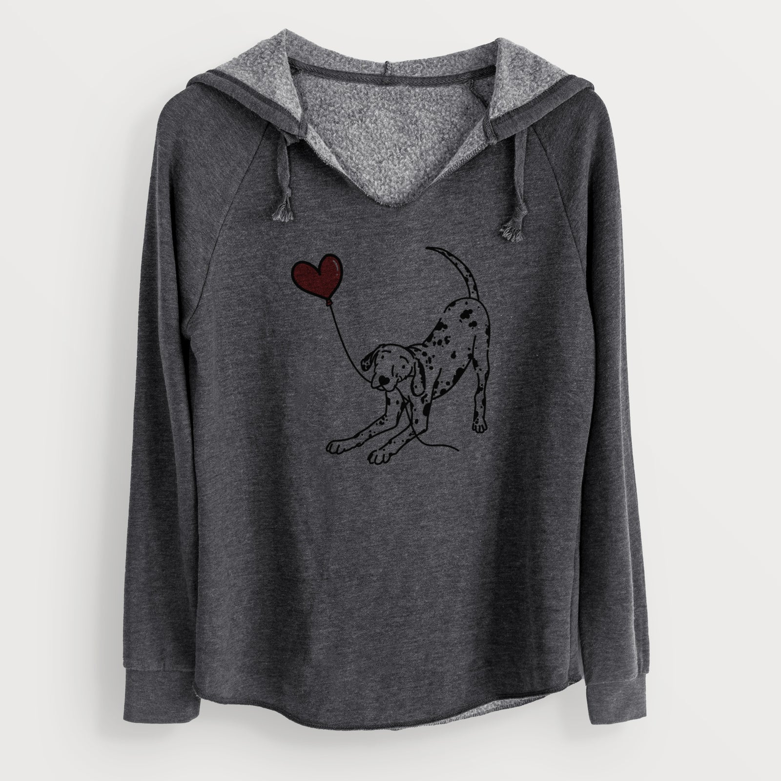 Minimalist line drawing of a Dalmatian Heart String holding a heart balloon on a Charcoal Cali Wave Hooded Sweatshirt