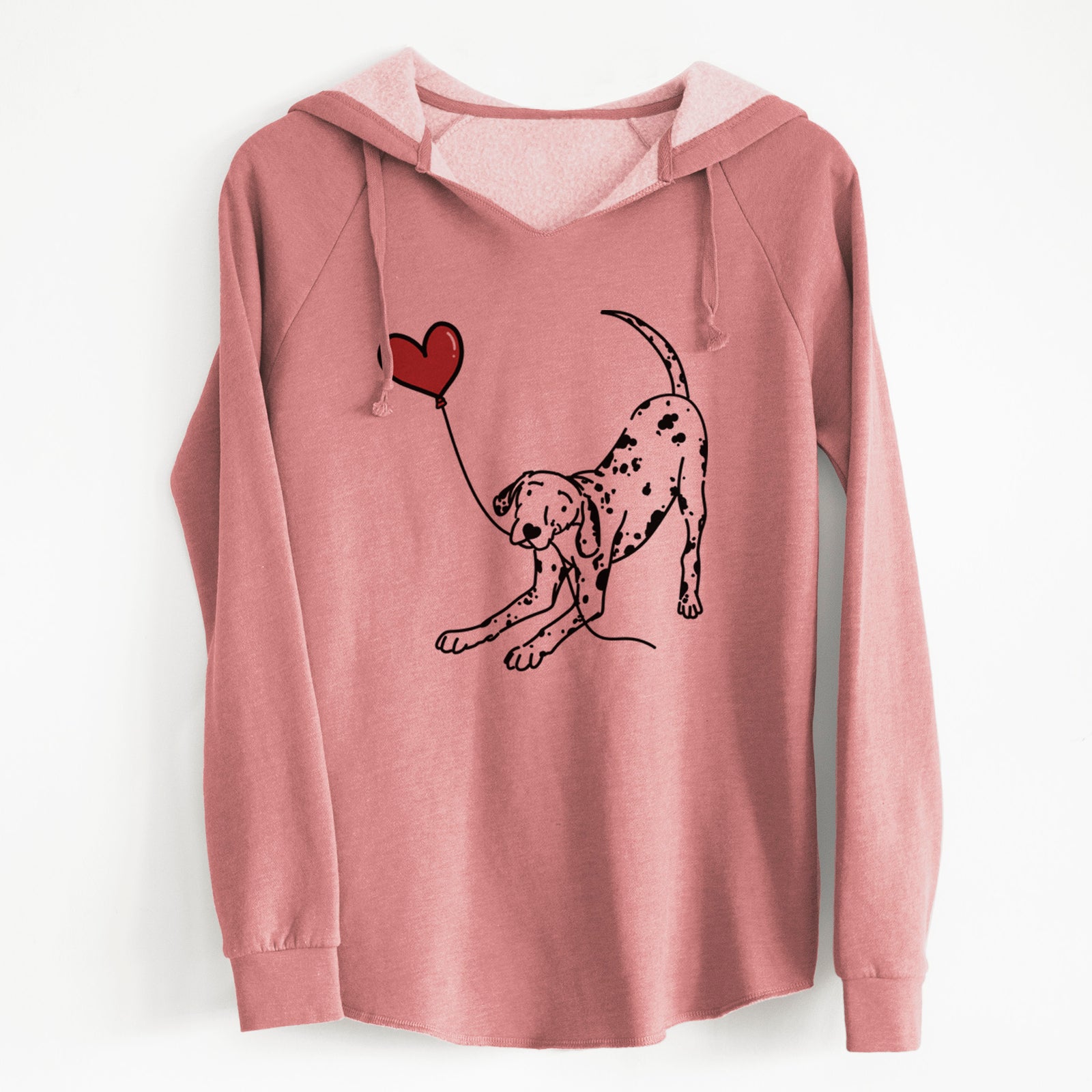 Minimalist line drawing of a Dalmatian Heart String holding a heart balloon on a Dusty Rose Cali Wave Hooded Sweatshirt