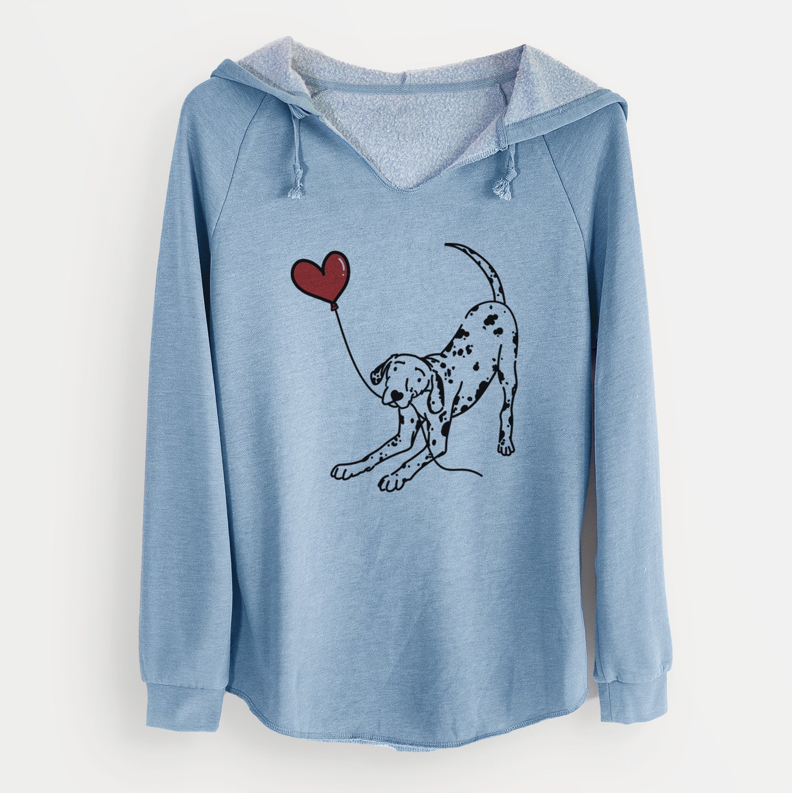 Minimalist line drawing of a Dalmatian Heart String holding a heart balloon on a Misty Blue Cali Wave Hooded Sweatshirt