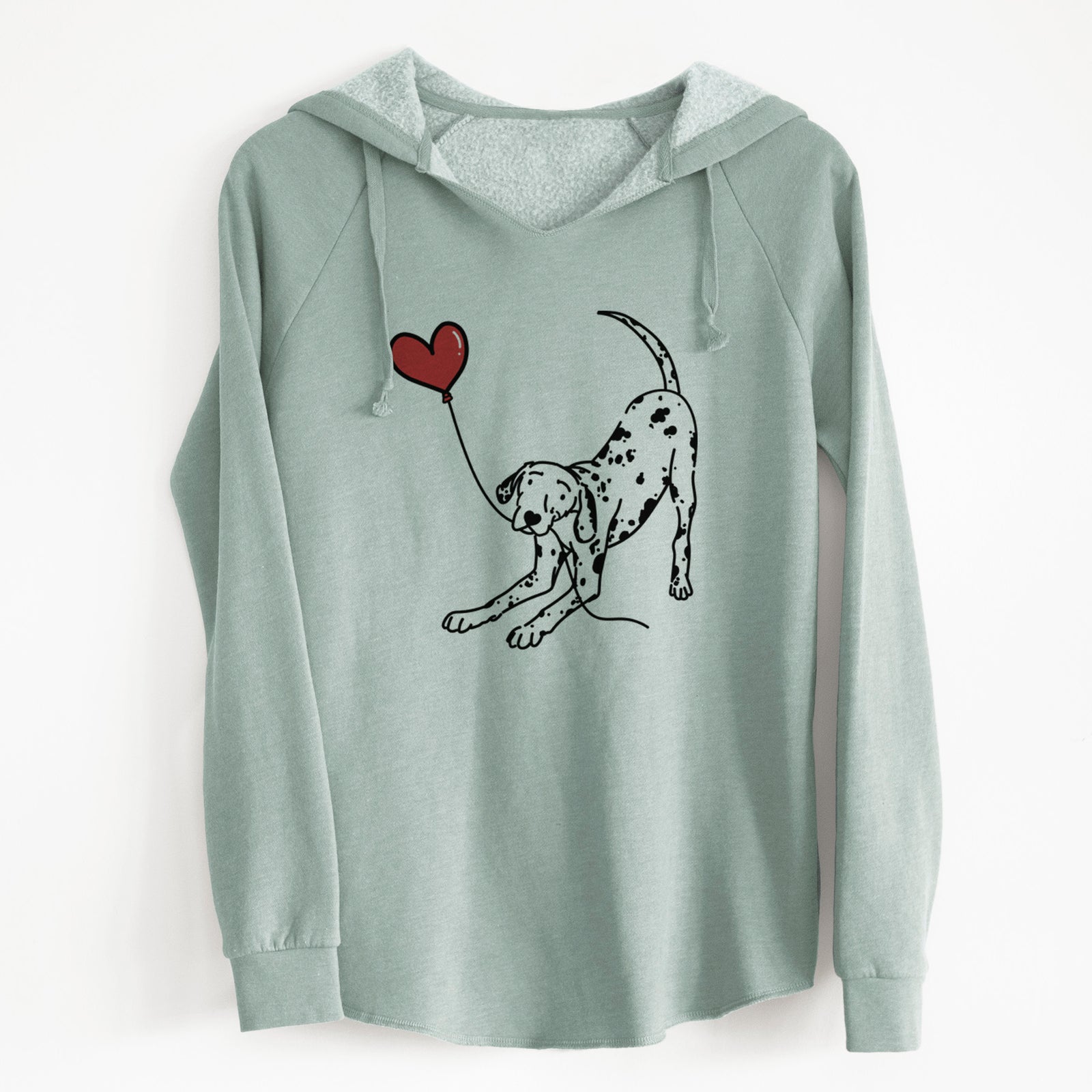 Minimalist line drawing of a Dalmatian Heart String holding a heart balloon on a Sage Cali Wave Hooded Sweatshirt