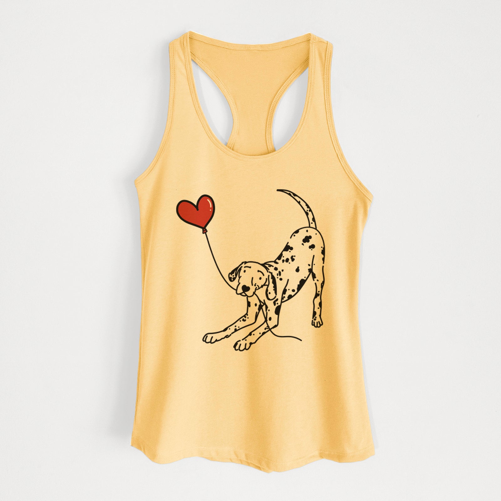 Minimalist line drawing of a Dalmatian Heart String holding a heart balloon on a Banana Cream Women's racerback tanktop