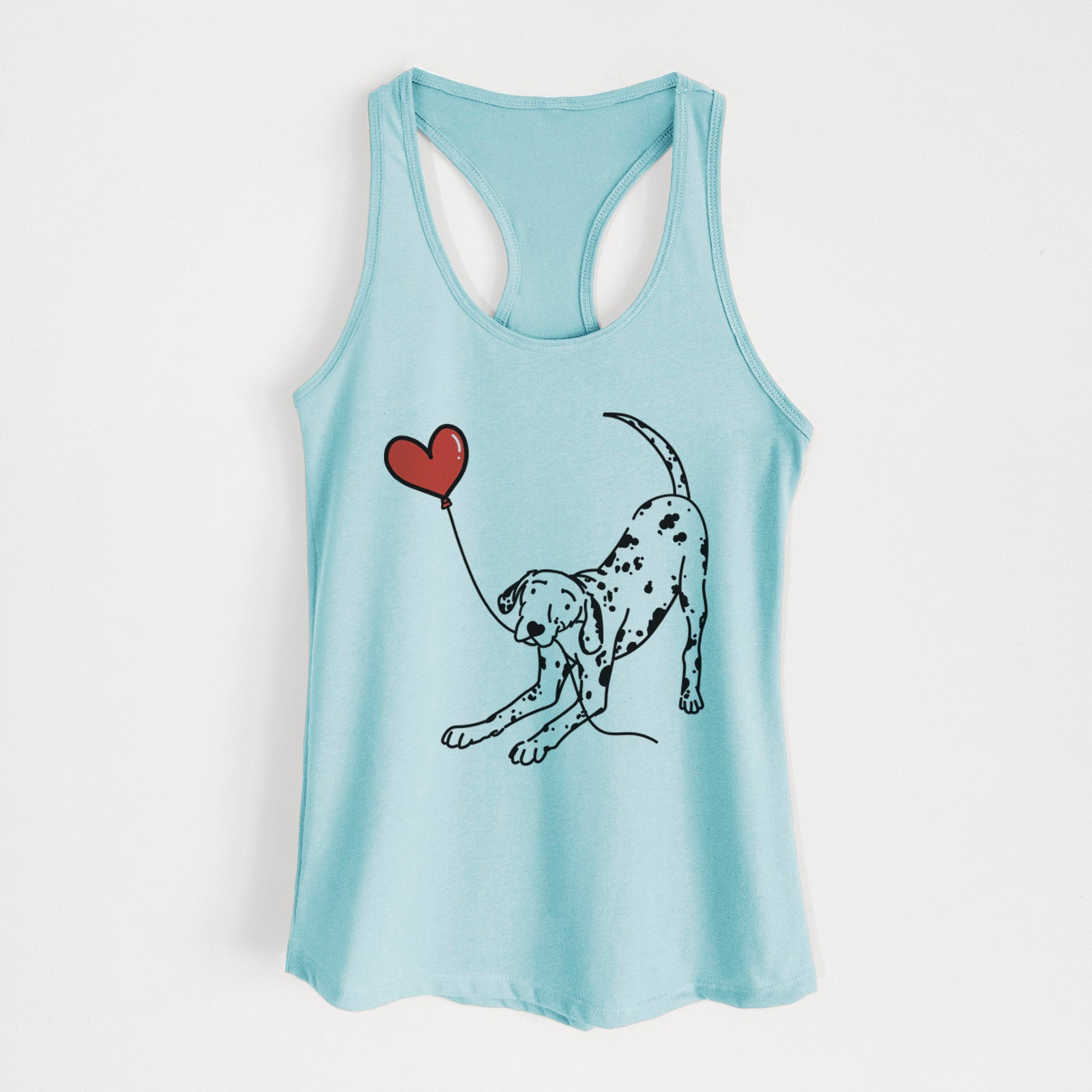 Minimalist line drawing of a Dalmatian Heart String holding a heart balloon on a Cancun Blue Women's racerback tanktop