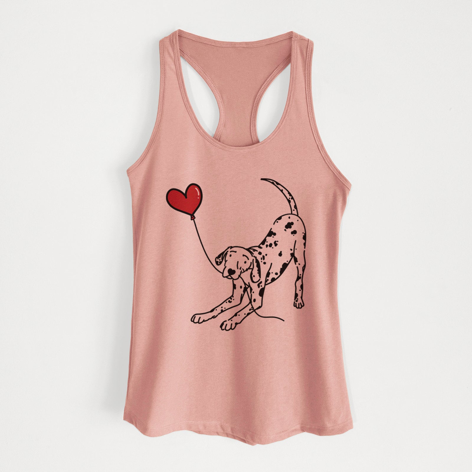 Minimalist line drawing of a Dalmatian Heart String holding a heart balloon on a Desert Pink Women's racerback tanktop