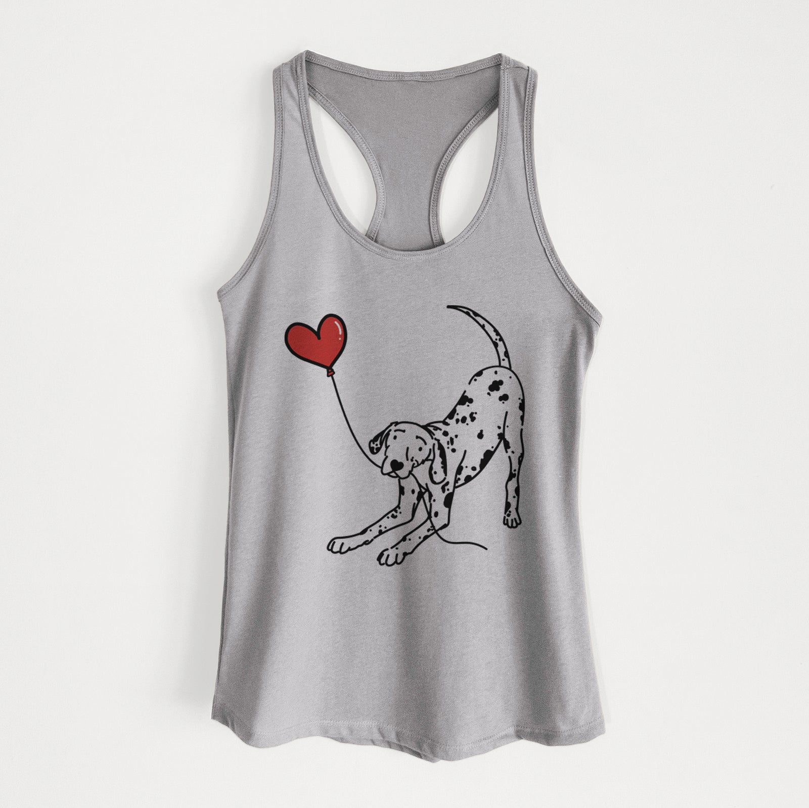 Minimalist line drawing of a Dalmatian Heart String holding a heart balloon on a Heather Grey Women's racerback tanktop
