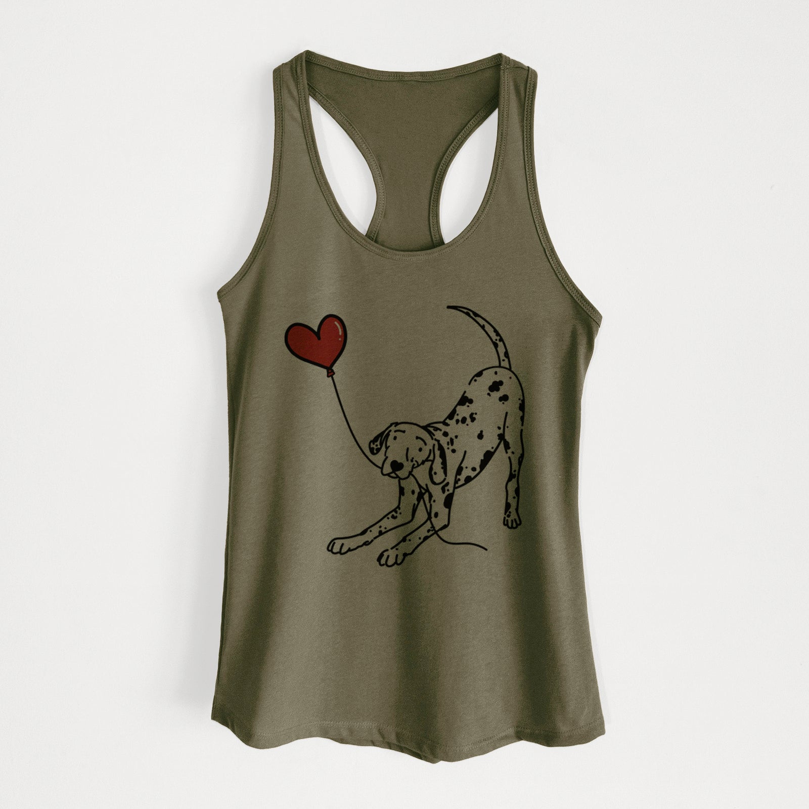 Minimalist line drawing of a Dalmatian Heart String holding a heart balloon on a Military Green Women's racerback tanktop